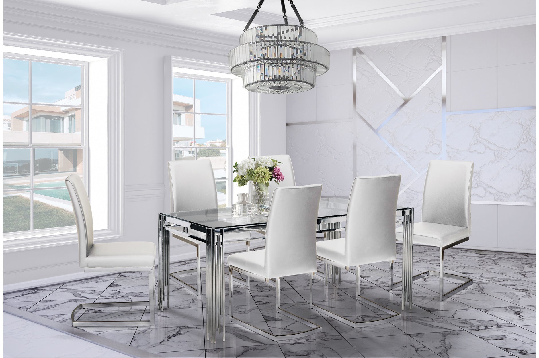 7-Piece Porfirio Dining Set with White Leather Shirelle Chairs - Elegant Modern Kitchen & Dining Room Furniture for Entertaining