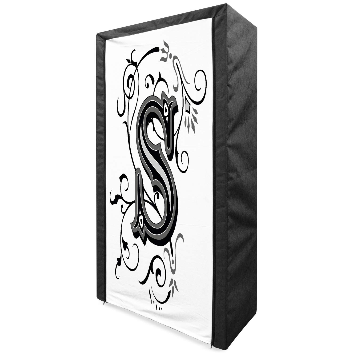 Ambesonne Letter S Portable Fabric Wardrobe - Monochrome Alphabet S Abstract Design with Swirls & Shapes - 33.5 Inch Clothing Organizer & Storage Closet with Shelves in Black Grey White - Perfect for Bedroom, Closet, Dorm & Small Space Organization