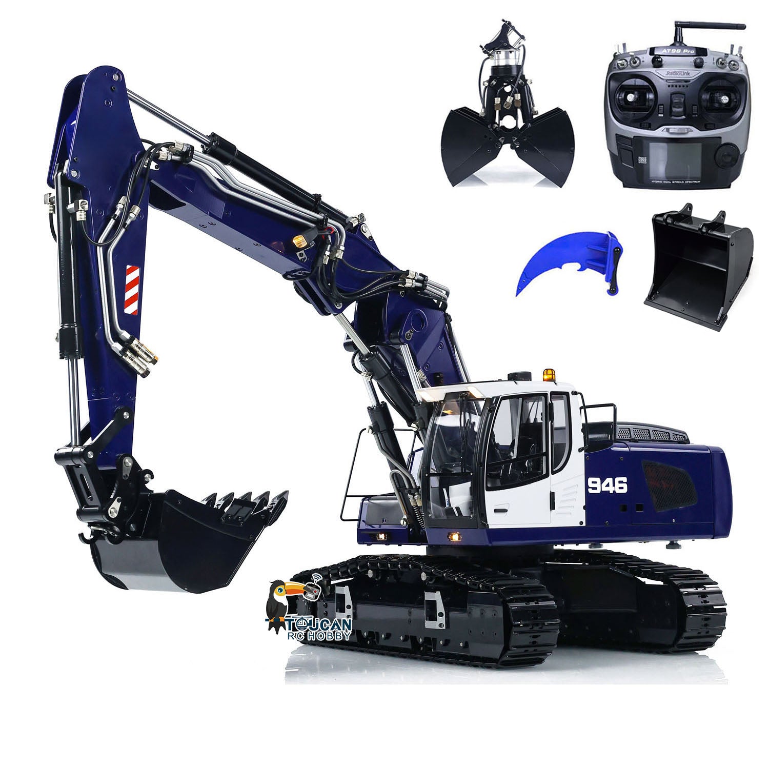 1/14 Scale 946 3-Arm RC Hydraulic Excavator Toy - Metal Remote Control Construction Digger with Tiltable Bucket, Ripper & Clamshell Grabber | Realistic Construction Play for Kids & Adults