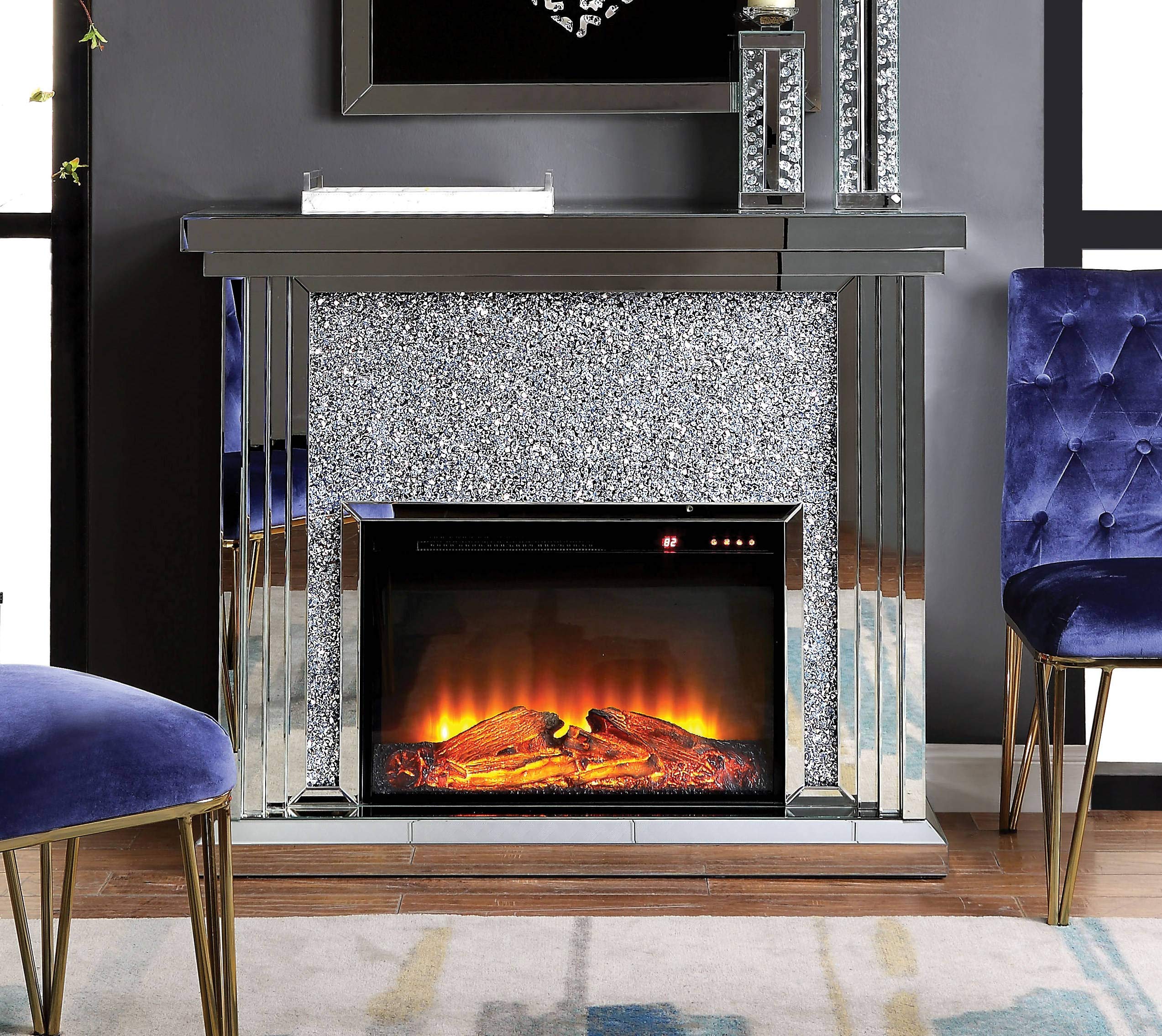 Benjara Wood & Mirror Electric Fireplace with Faux Crystals - Cozy Home Decor