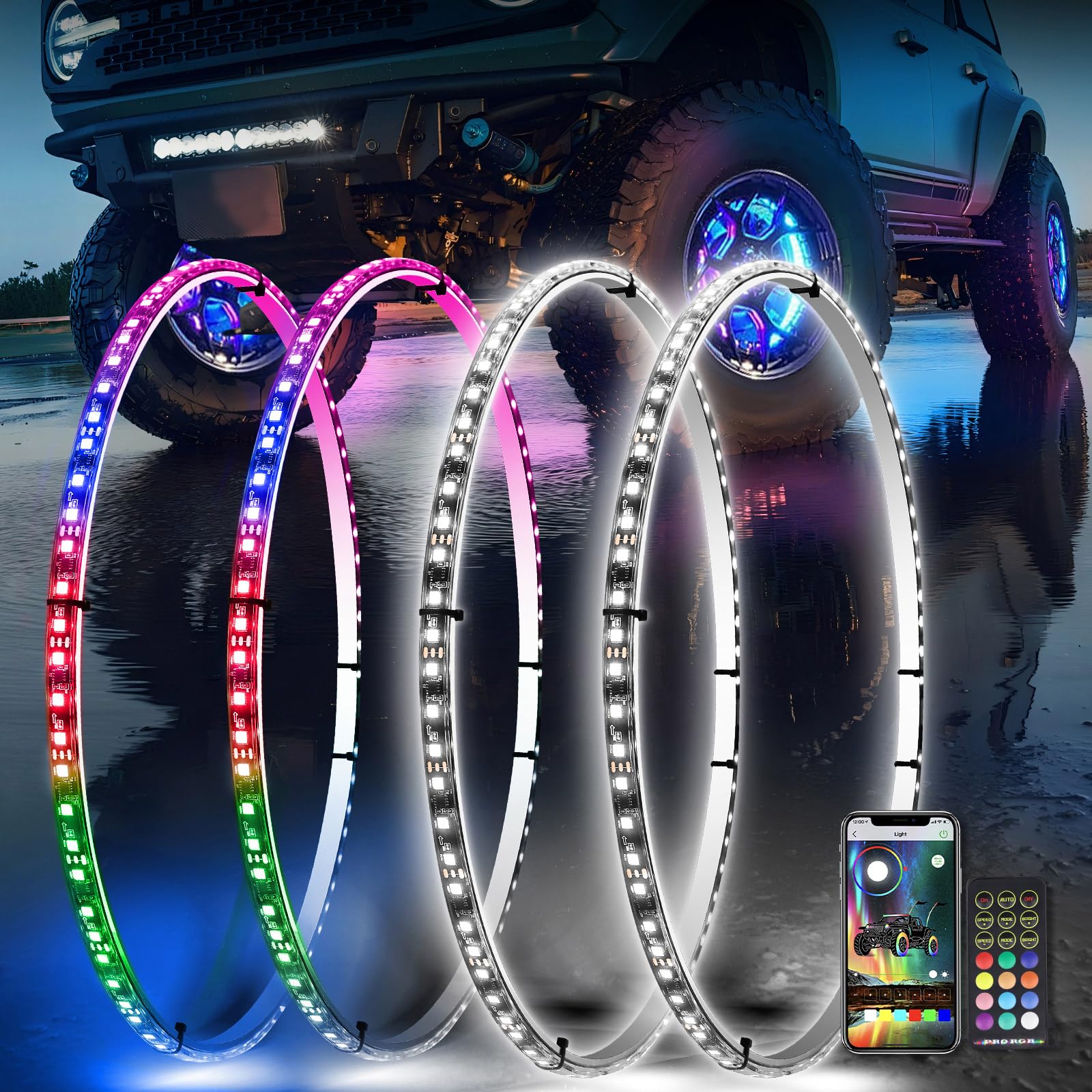 4PCS 17 Inch RGB & White LED Wheel Ring Lights with Turn Signal & Brake Function - Remote & APP Control - Single Row Rim Lights for Trucks, Cars & Offroad Vehicles - Perfect for Night Driving, Car Shows & Offroad Adventures