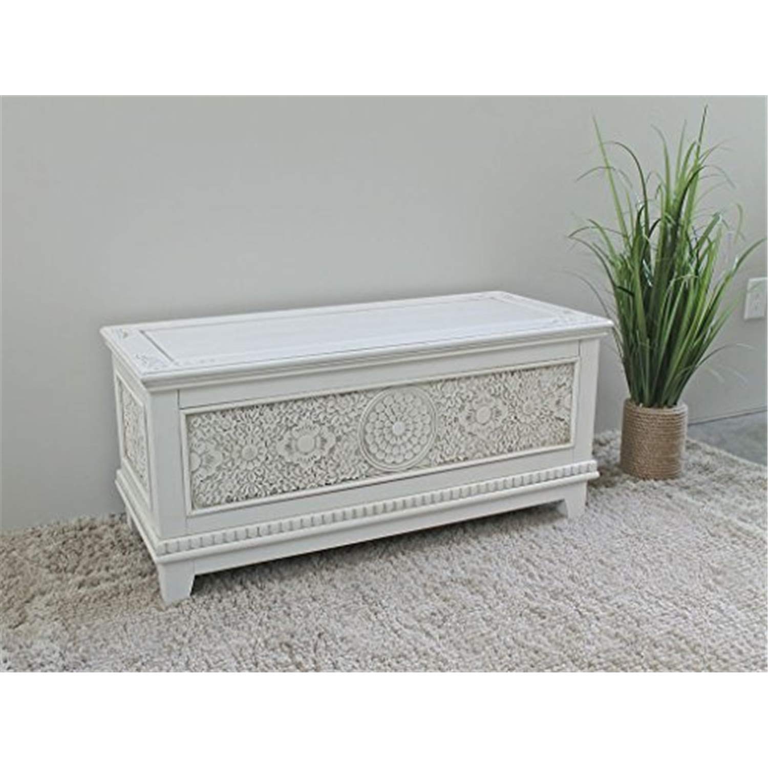 International Caravan Windsor Carved Wood Trunk - Vintage Storage Chest for Bedroom, Living Room & Home Decor