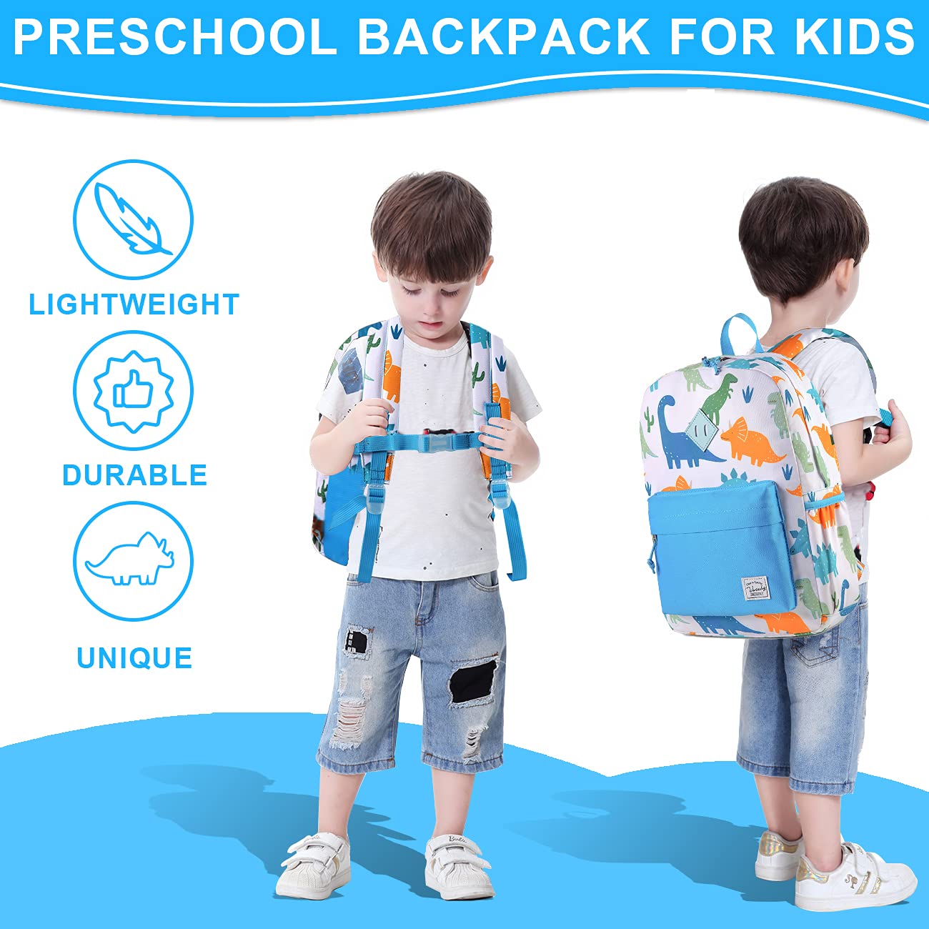 VASCHY Dinosaur Kids Backpack for Boys - Lightweight Toddler Backpack for Daycare, Preschool & Travel - Cute White Dino Design School Bag for Little Boys | Perfect for School, Outdoor Adventures & Daily Use