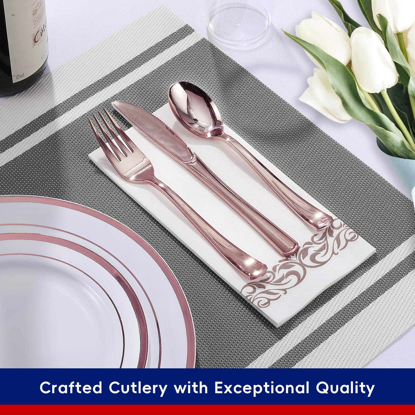 700-Piece Rose Gold Disposable Dinnerware Set - 200 Plastic Plates, 300 Silverware, 100 Cups & 100 Hand Towels - Elegant Party Supplies for Halloween, Christmas, Thanksgiving - Perfect for Weddings, Baby Showers & Birthday Celebrations