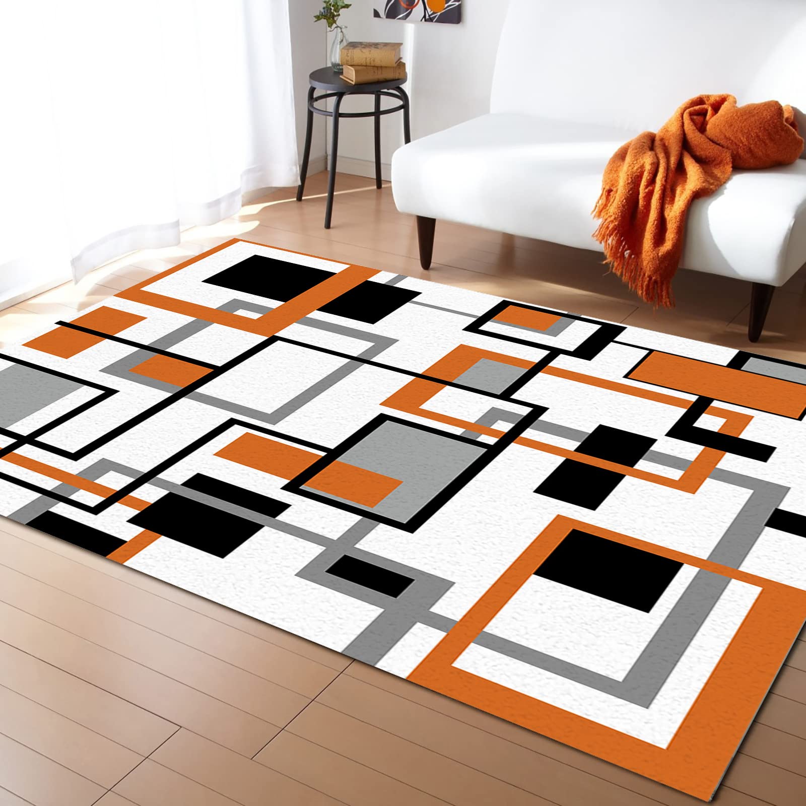 Orange Geometric Area Runner Rug 3'x5' - Washable Indoor Outdoor Carpet for Kitchen, Living Room, Bathroom, Bedroom | Retro Modern Abstract Mid-Century Design Floor Mat - Perfect for Entryway, Laundry Room & Classroom Decor