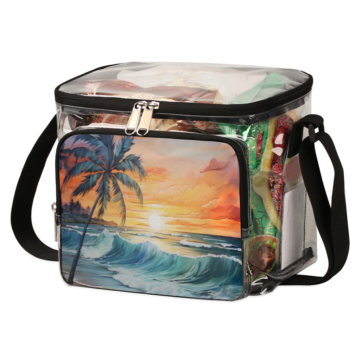 GzLeyigou Clear Tote Bag with Handles - Tropical Palm Tree Design Transparent Crossbody Shoulder Bag for Lunch, Beach, Travel | Stadium Approved for Concerts, Sports Events, Picnics & Outdoor Activities | Summer Sunset Theme Fashion Accessory
