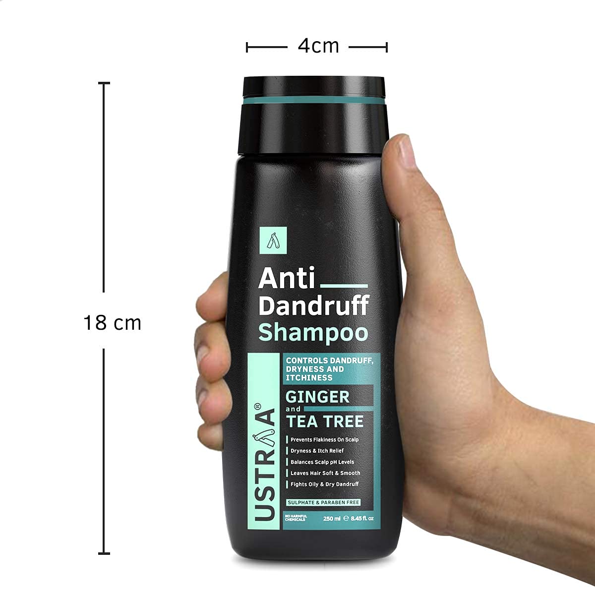 Ustraa Anti-Dandruff Shampoo 250ml - Climbazole, Ginger & Tea Tree Oil Formula for Dandruff Control - Sulfate Free, Paraben Free, Silicone Free, Mineral Oil Free - Ideal for Daily Scalp Care & Itch Relief