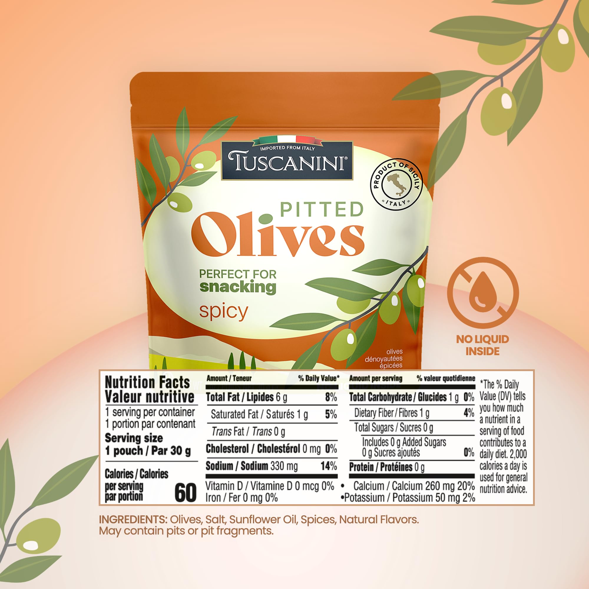 Tuscanini Italian Spicy Pitted Olives Snack, 10 Pack (1 oz Each) | Gluten Free, Vegan & Keto Friendly | Perfect for Salads, Charcuterie Boards & Mediterranean Dishes | Great On-The-Go Snack for Travel, Picnics, Office & School Lunches
