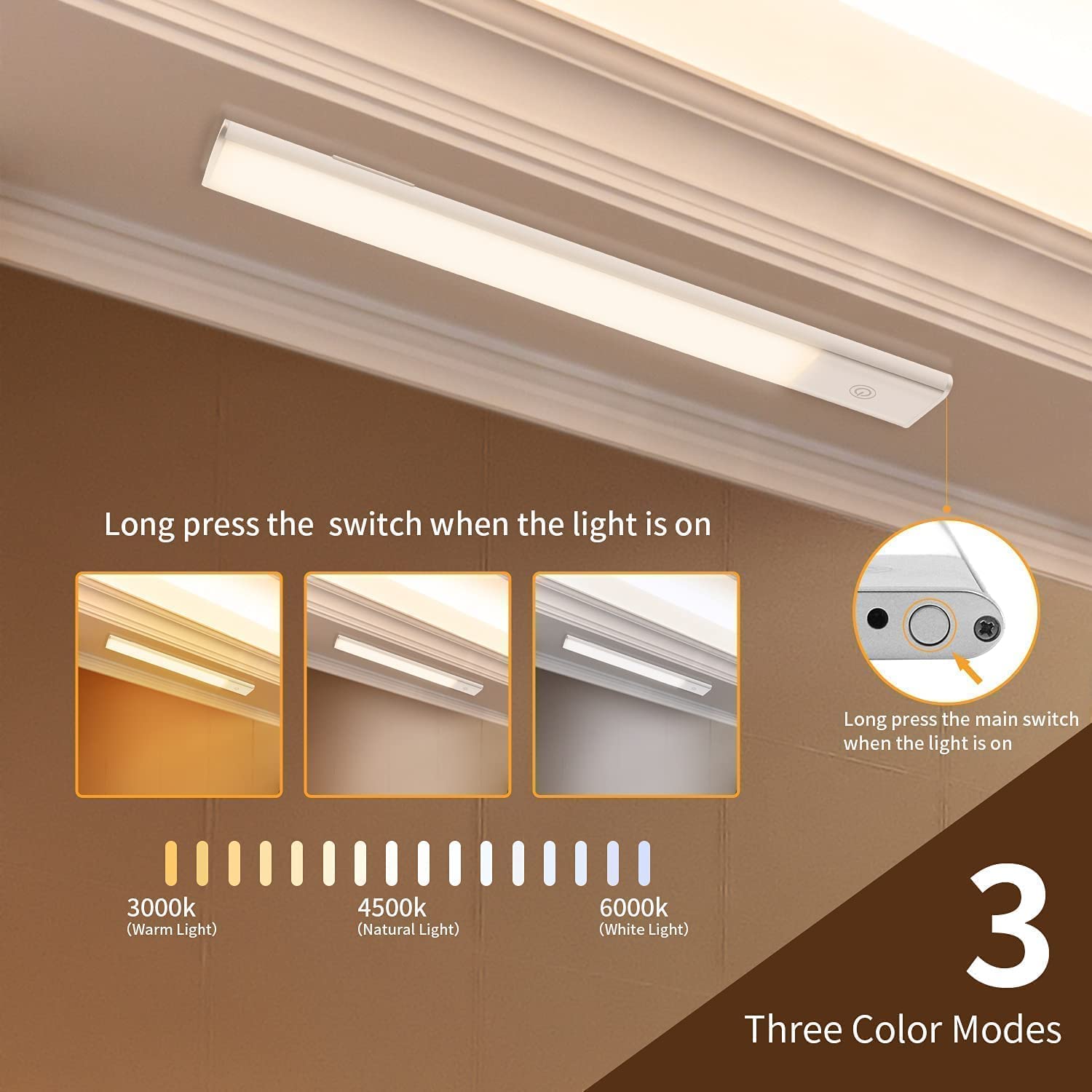 Rechargeable LED Cabinet Light - Dimmable Battery-Powered Closet Light with 3 Color Temperatures & Touch Sensor | Perfect for Kitchen Night Light, Wardrobe, Staircase & Hallway Lighting