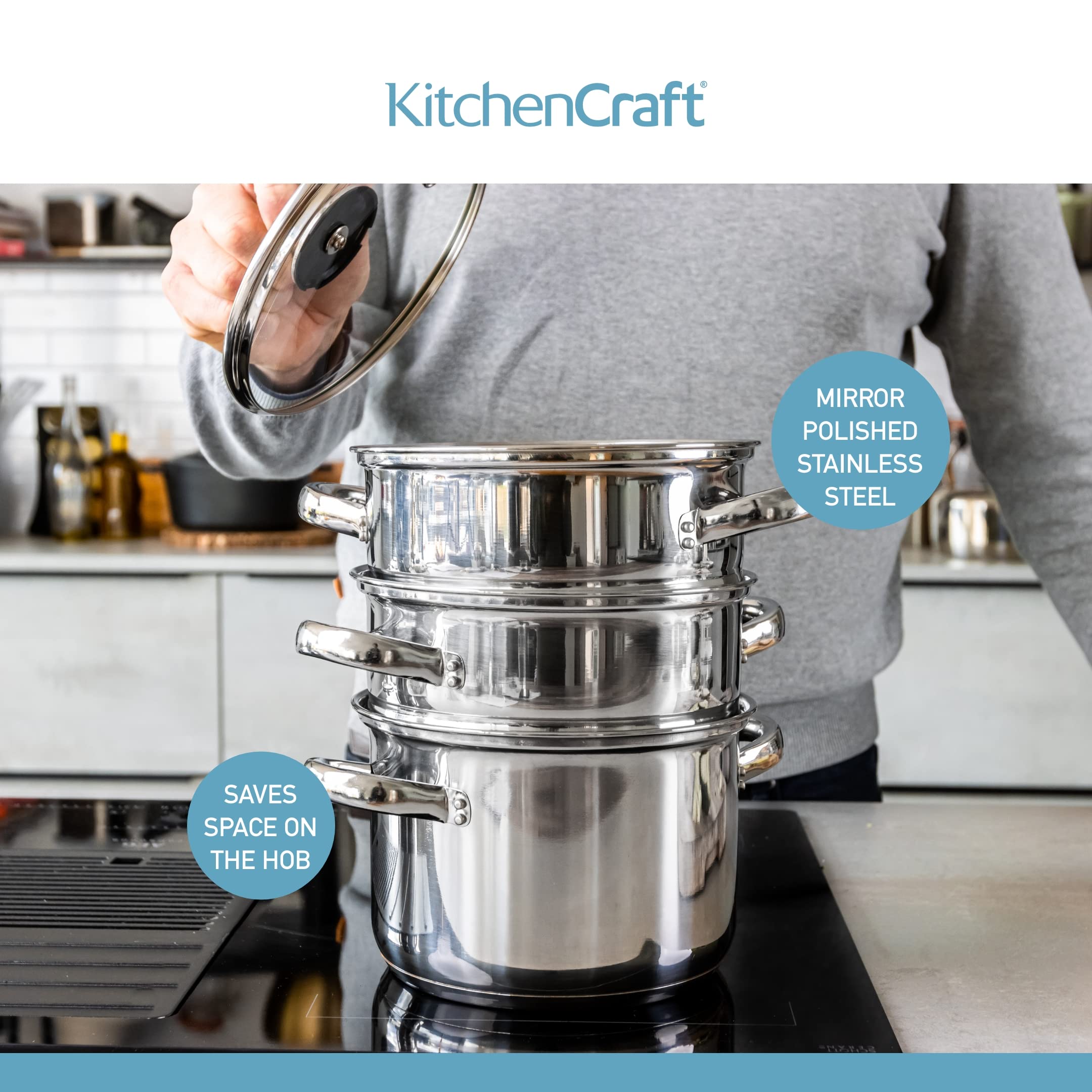 KitchenCraft 3-Tier Stainless Steel Food Steamer & Stock Pot (18cm) - Induction Safe, Includes Gift Box - Perfect for Healthy Cooking, Meal Prep & Family Dinners