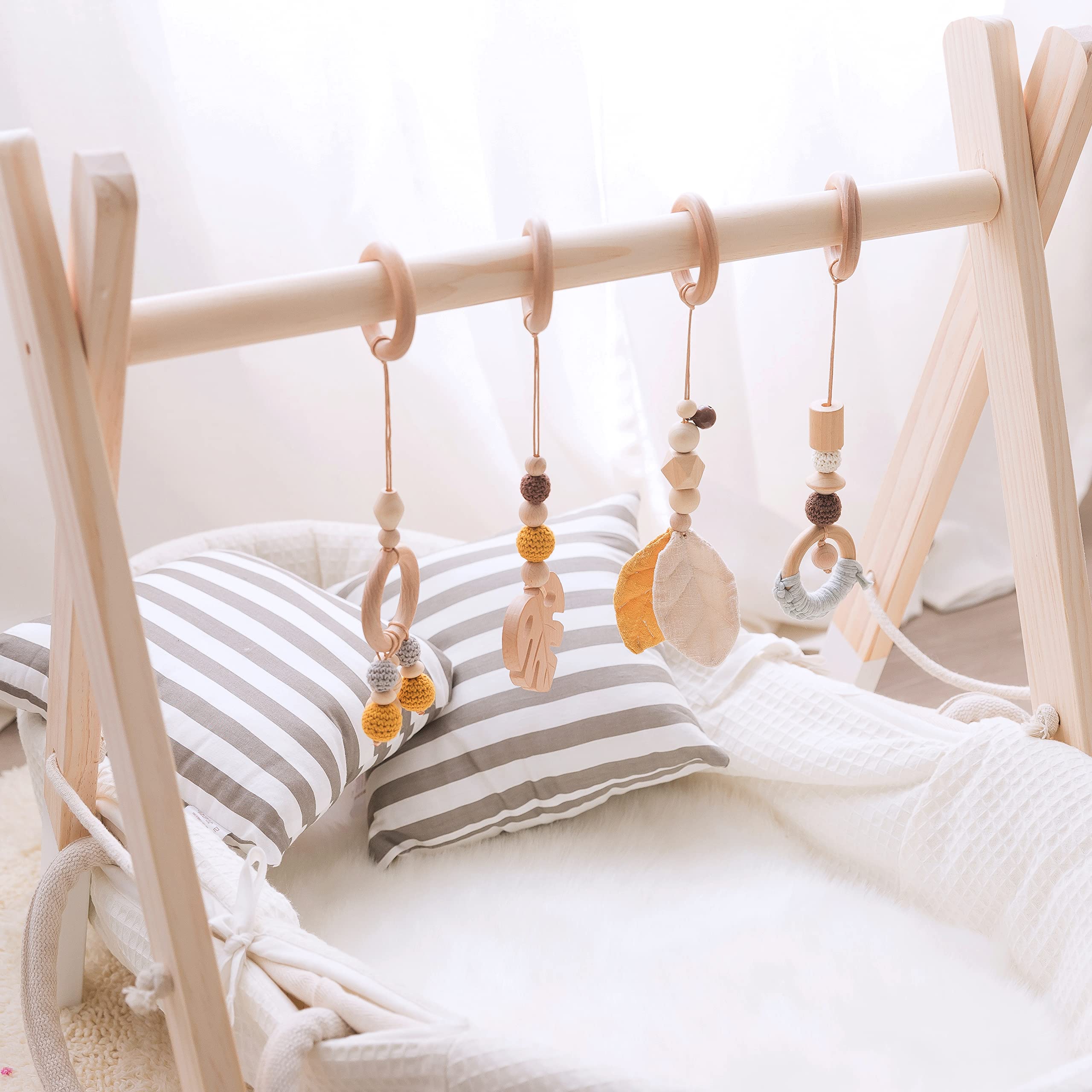 Organic Wooden Baby Play Gym with 4 Hanging Toys - Foldable Activity Center for Newborns & Infants - Montessori Learning Toy for Tummy Time & Sensory Development - Perfect Baby Shower Gift for Nursery or Playroom