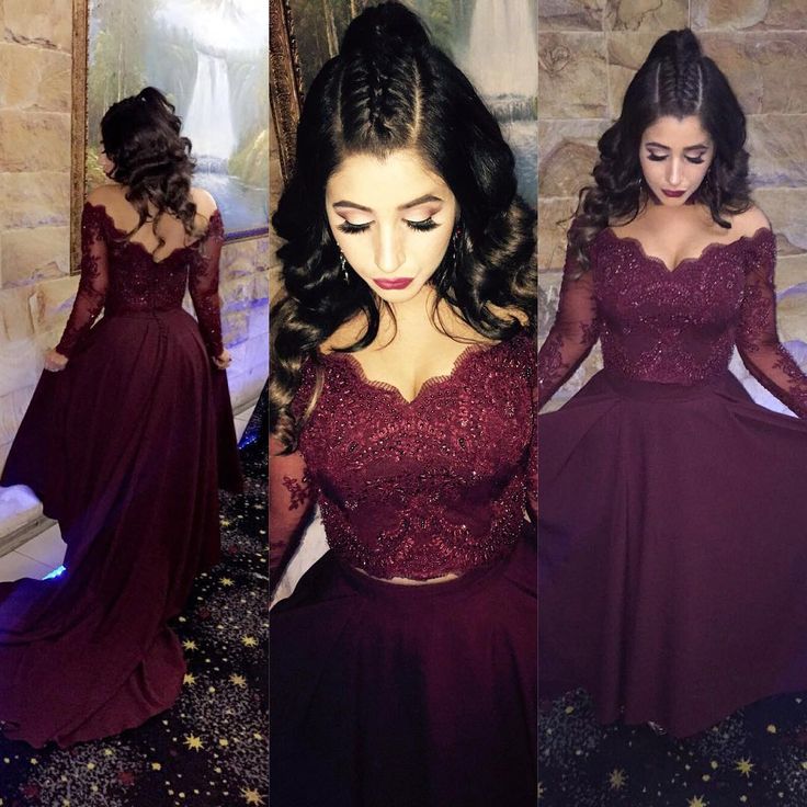 2025 A-Line Long Sleeve Lace Burgundy Prom Dress with Hi-Low Hem and Beaded Details - Elegant Evening Gown for Homecoming, Formal Dances & Special Occasions
