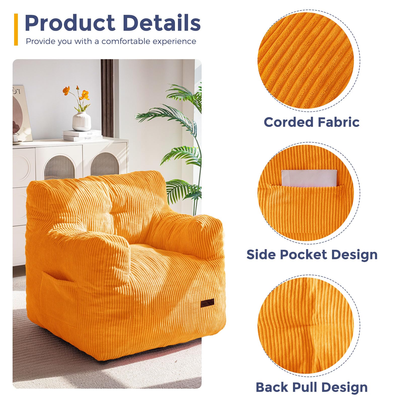 MAXYOYO Tufted Corduroy Bean Bag Chair with Filler - Comfortable Lazy Couch for Adults & Teens in Beige | Perfect for Living Room, Bedroom & Dorm Relaxation