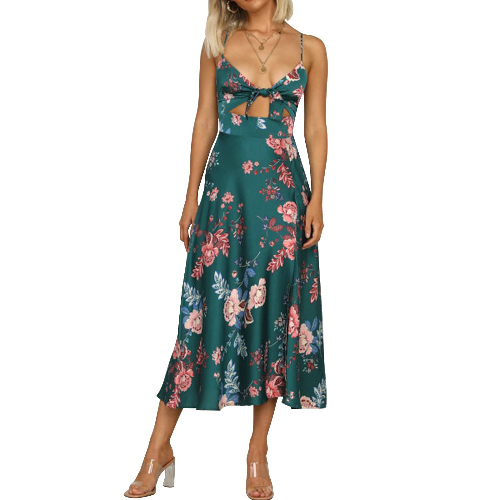 Women's Floral Satin Midi Dress - Spaghetti Strap, Tie Front & Backless Design for Summer Weddings & Parties | Elegant Guest Dress for Beach Vacations & Date Nights
