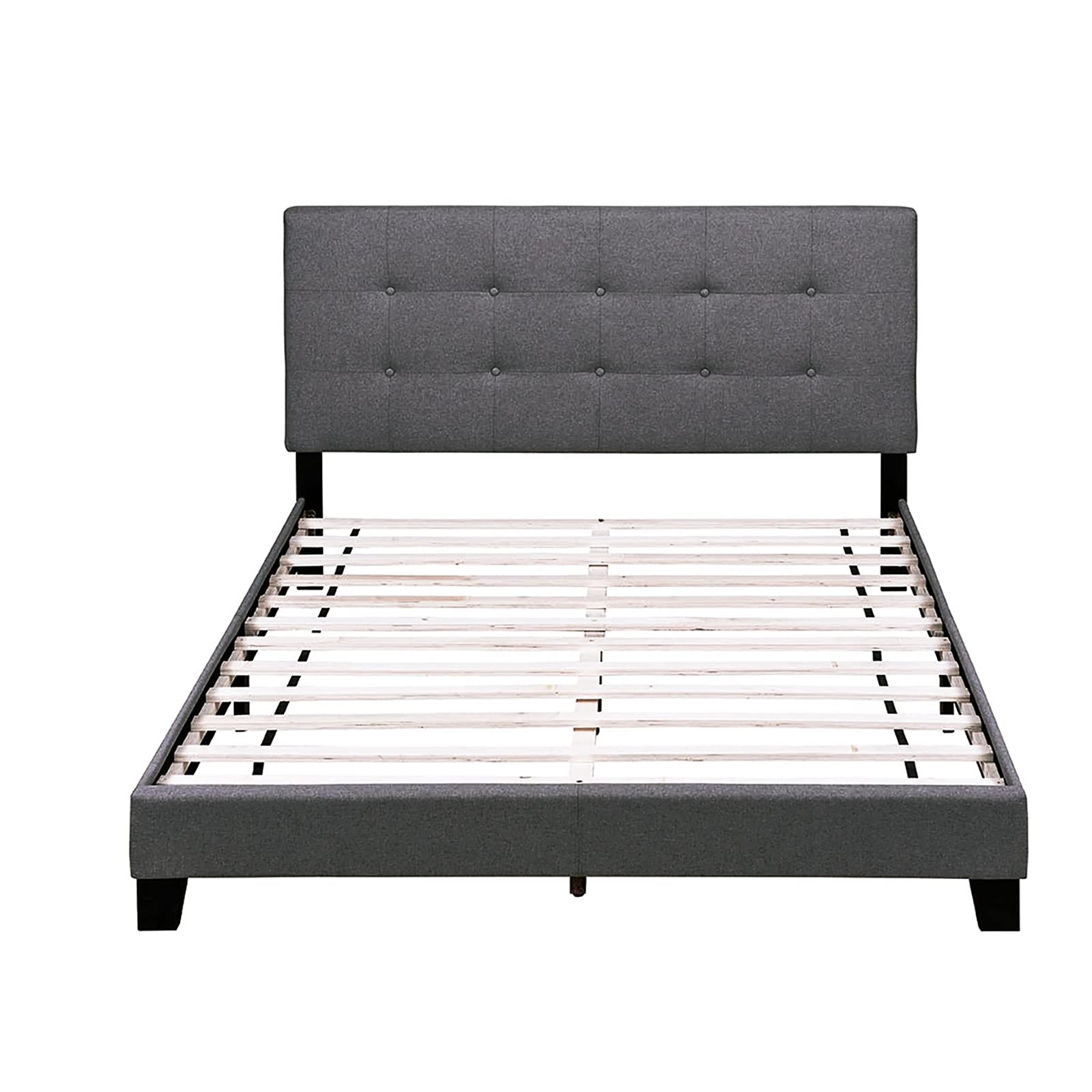 LIU Upholstered Platform Bed Frame with Plywood Slat Support & Tufted Headboard - Full Size Dark Grey Bed Foundation for Modern Bedrooms | Sturdy Mattress Support for Home, Apartment, Guest Room