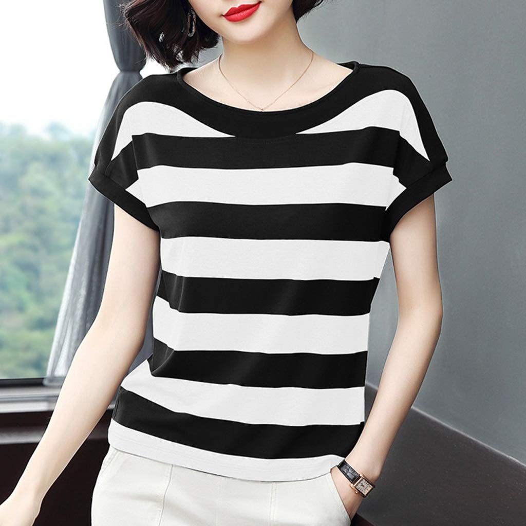 Women's Plus Size Cotton Striped Summer T-Shirt - Soft Loose Fit Short Sleeve Casual O-Neck Top for Ladies (Color B, Size L) | Perfect for Beach Outings, Vacation Wear & Everyday Comfort