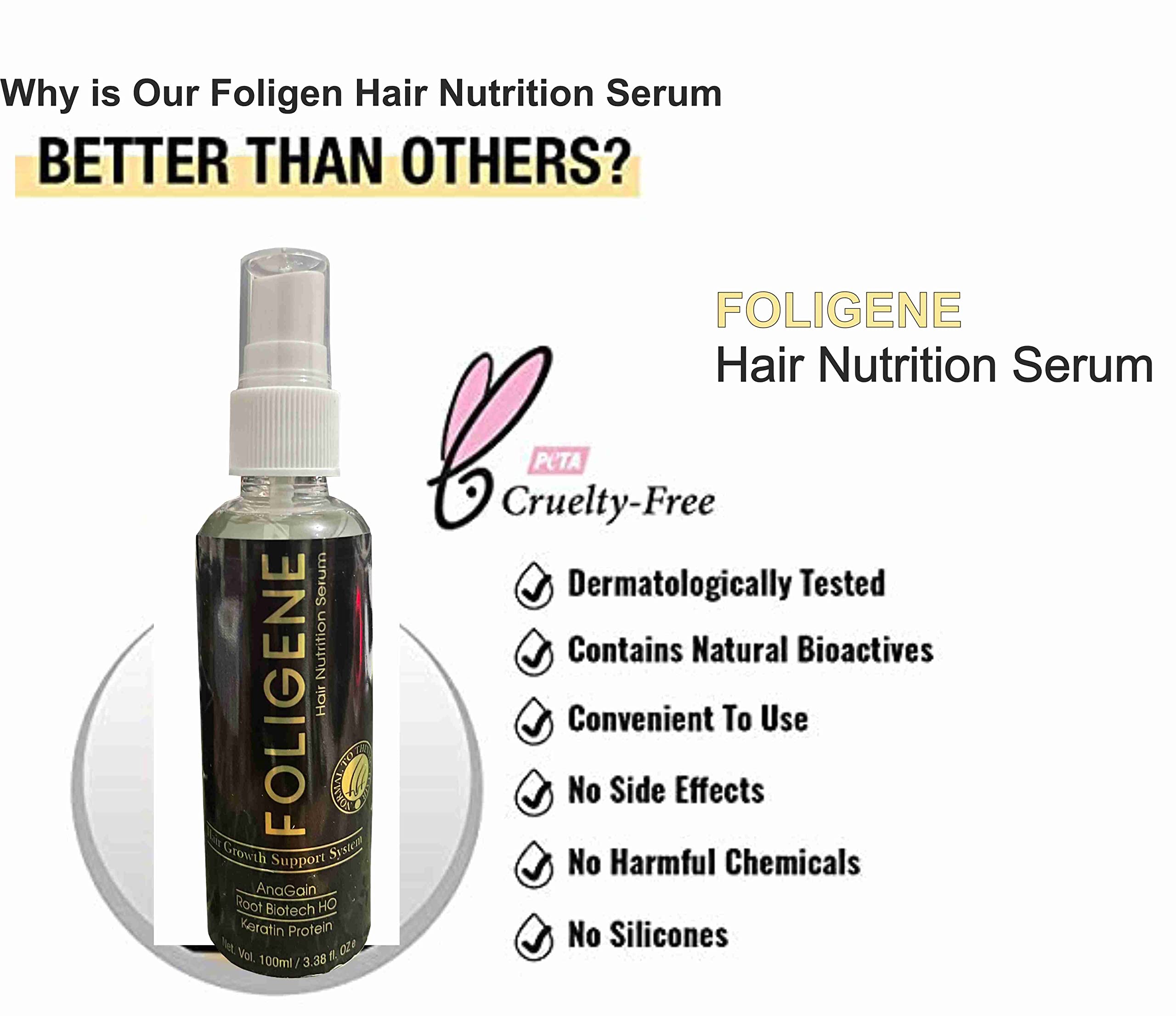 Rotex Foligene Hair Growth Serum with Anagain & Keratin Protein - 100ml Hair Treatment for Thicker, Stronger Hair | Prevents Hair Loss & Stimulates Growth | Ideal for Daily Use, Post-Wash Care & Scalp Nourishment