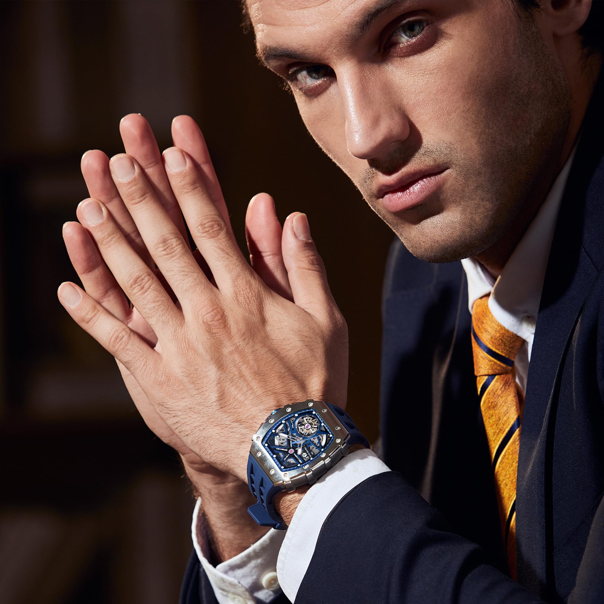 TSAR BOMBA Men's Automatic Skeleton Watch - Luxury Tonneau Design, 50M Waterproof, Silver Square Big Face with Silicone Strap - Perfect for Business, Formal Events & Everyday Wear
