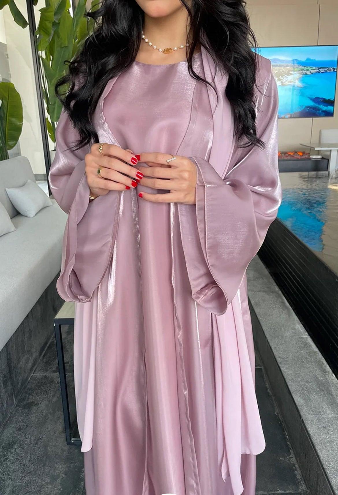 Luxury Silk Abaya Set with Shimmer Organza Cardigan & Modest Skirt - Elegant Muslim Women's Prayer Dress for Eid, Weddings & Special Occasions