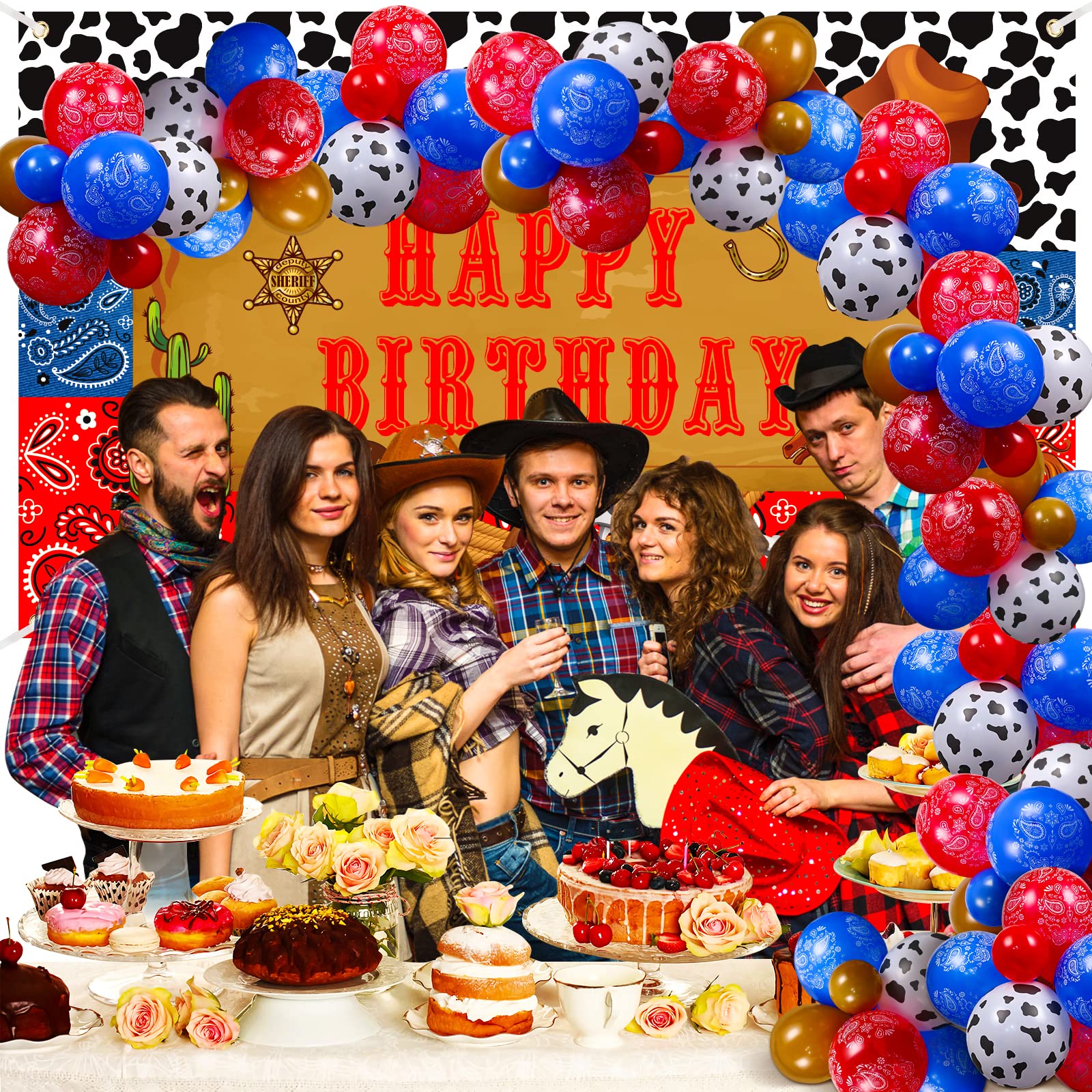 54Pcs Western Cowboy Birthday Party Decorations Set - Happy Birthday Banner, Backdrop, Wild West Balloon Arch & Bandana Balloons for Boys, Girls, Men & Women - Perfect for Cowboy Themed Parties, Baby Showers & Western Events