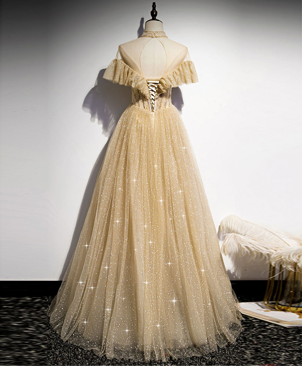 Elegant Champagne Long Prom Dress with Beading - A-Line Formal Gown for Graduation, Homecoming & Special Occasions