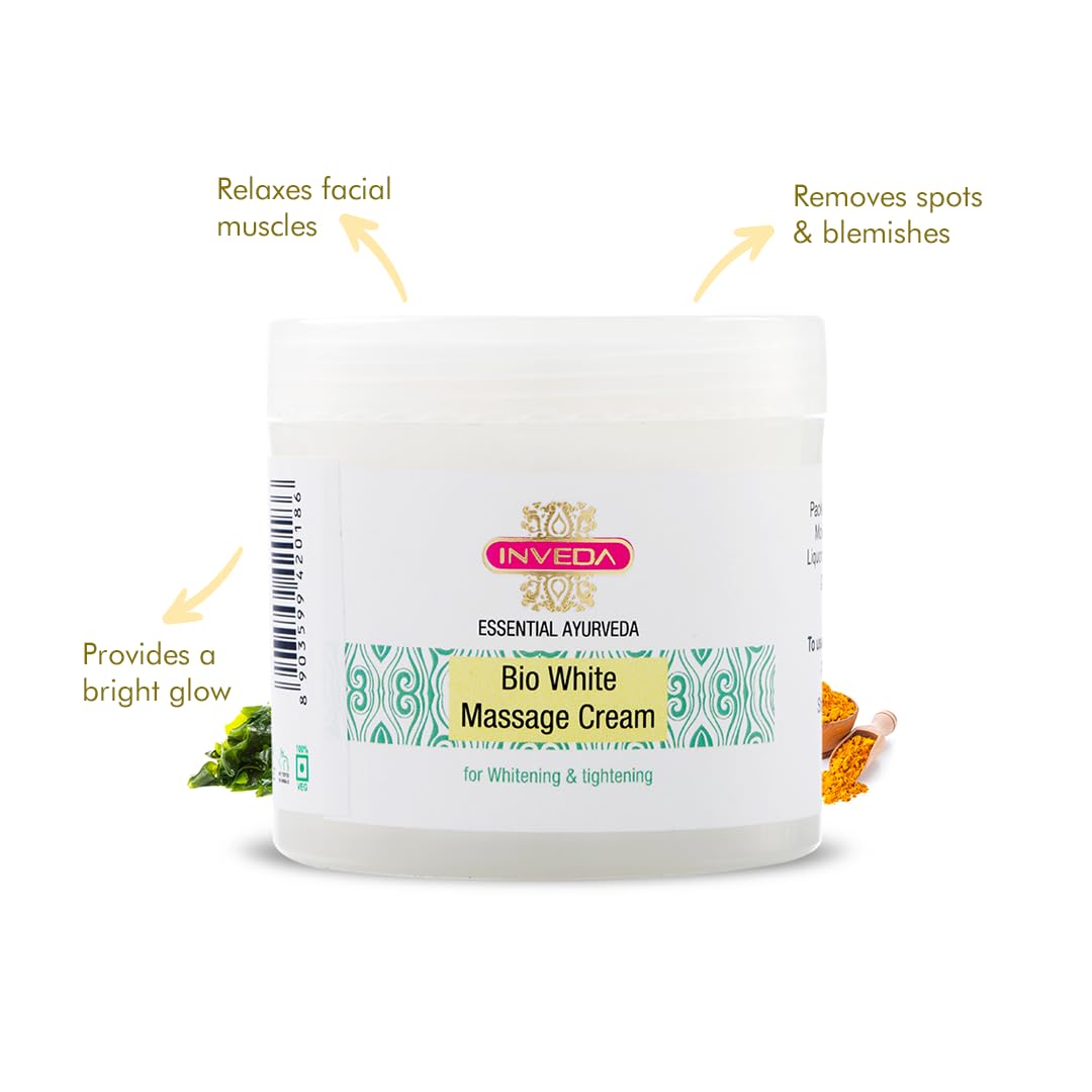 Inveda Bio White Massage Cream with Turmeric & Seaweed Extract - 100ml Face Brightening & Smoothing Cream for Glowing Skin | Perfect for Daily Skincare & Spa Treatments