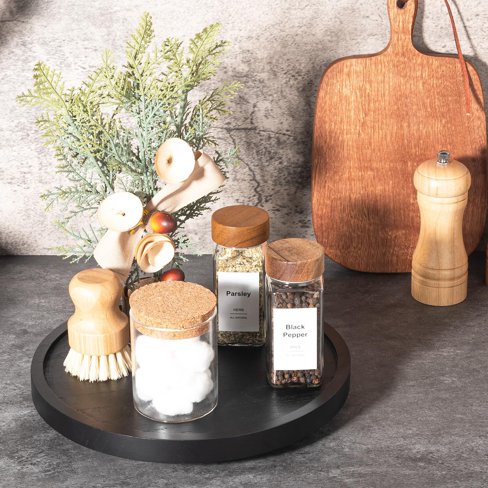 10 Inch Black Wood Lazy Susan Turntable - Kitchen Cabinet Organizer, Farmhouse Bathroom Decor, Round Decorative Tray for Vanity, Counter, Sink & Coffee Table - Perfect for Spice Storage, Makeup Organization & Home Decor Display