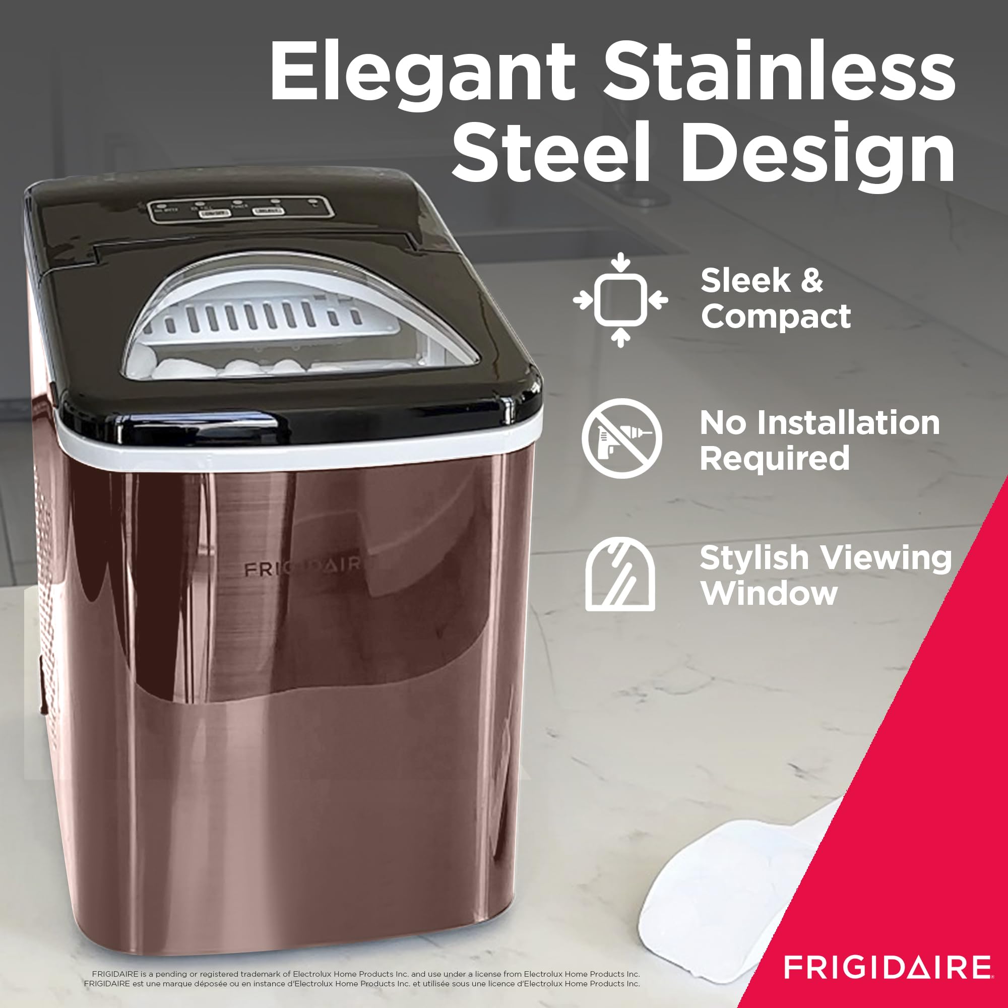 FRIGIDAIRE Stainless Steel Countertop Ice Maker Machine - 26 lb Daily Capacity, Produces 9 Ice Cubes Every 7-15 Minutes | Portable Ice Maker for Home, Office, RV & Parties | Includes Ice Scoop & Drain Plug | Perfect for Cocktails, Beverages & Outdoor Events