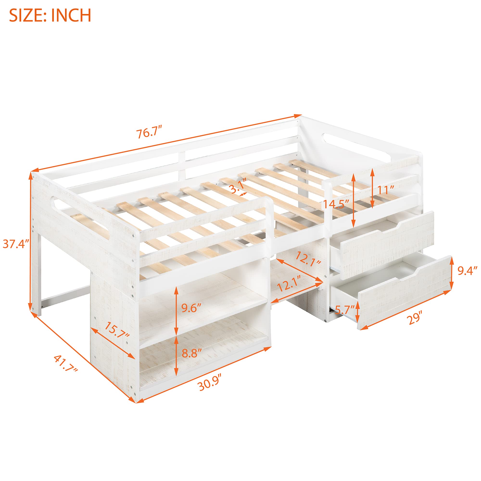 Low Loft Bed with Large Storage - Twin Size Wooden Loft Bed with 2 Drawers, Shelves, Headboard & Footboard - Space Saving Kids Bed for Small Rooms - Perfect for Teens, Boys & Girls Bedroom (Antique White) - Ideal for Dorm Rooms, Apartments & Shared Kids Rooms