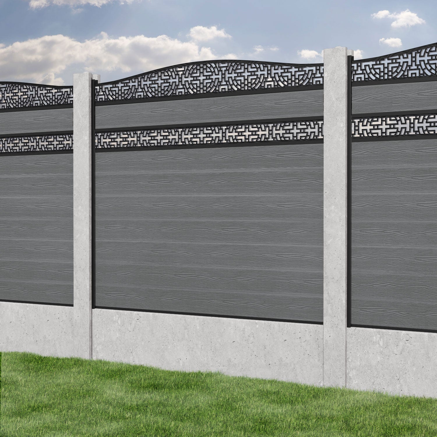 Classic Kumo Curved Top Split Screen Fence Panel - Mid Grey - Fits Existing Concrete Posts - Perfect for Backyard Privacy & Garden Decoration