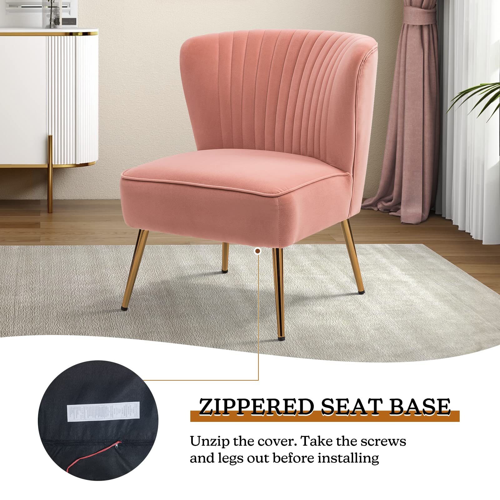 Monica Velvet Armless Side Chair Set of 2 - Upholstered Accent Chairs with Golden Legs, Mid Century Modern Wingback Slipper Chairs for Living Room, Bedroom & Guest Room - Blush Pink - Perfect for Home Decor, Lounge Seating & Elegant Gatherings