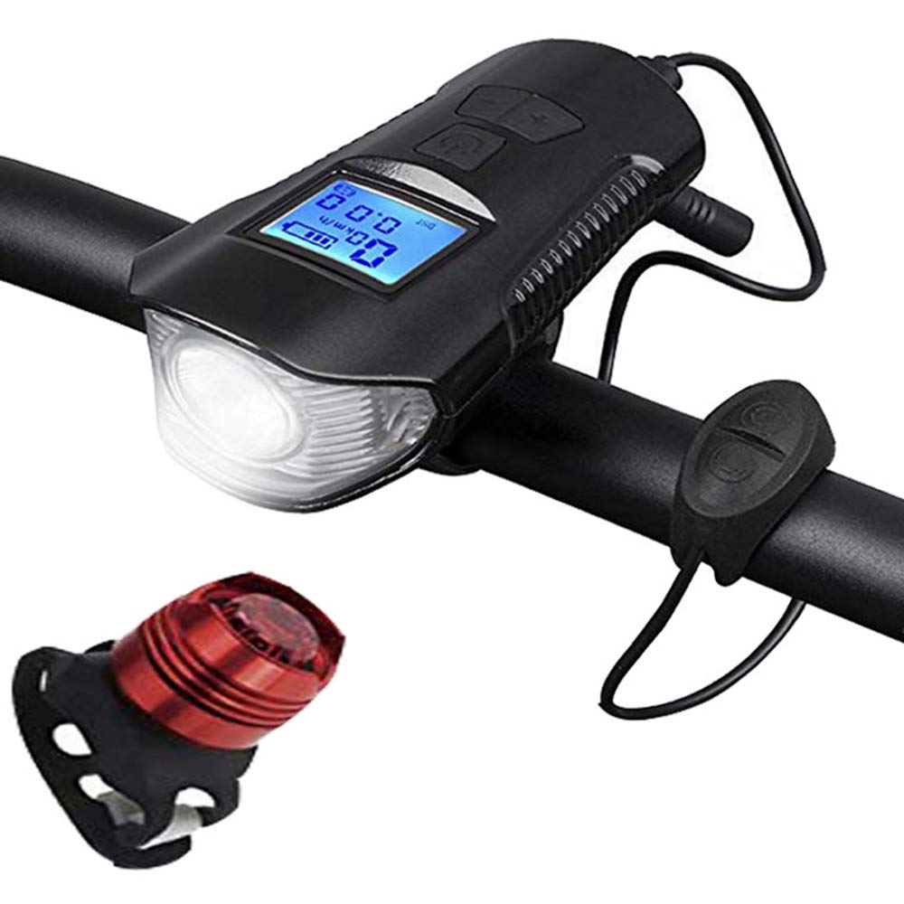 XUNATA USB Rechargeable LED Bike Light Set - Front Headlight & Rear Tail Light with Speedometer Odometer for Mountain & Road Bicycles | Waterproof Cycling Safety Lights for Night Riding & Commuting