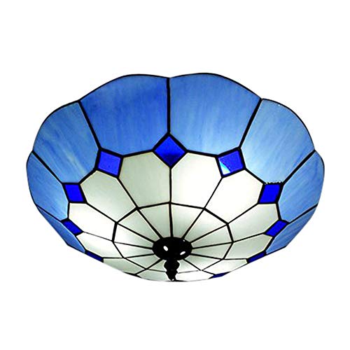 LITFAD 3-Light Tiffany Style LED Flush Mount Ceiling Lamp with Blue Art Glass Lotus Shade - 15.75