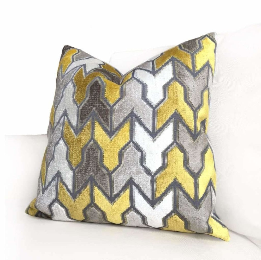 Brookhaven Arrow Geometric Velvet Pillow Cover - Mustard Yellow, Gray & Cream - Decorative Throw Pillow for Sofa, Bed & Home Decor