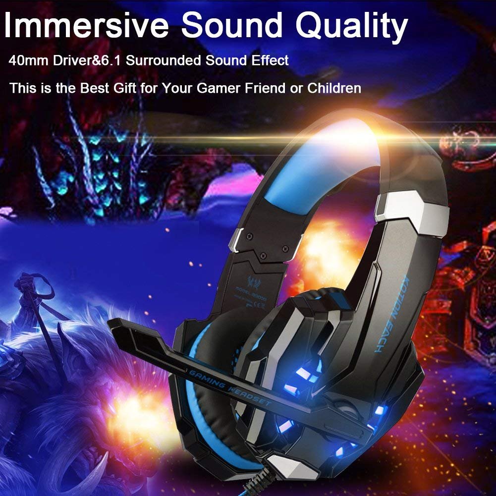 Premium Stereo Gaming Headset for PS4, PS5, PC, Xbox One & Nintendo Switch - Noise Cancelling Over-Ear Headphones with Mic, LED Lights & Deep Bass Surround Sound - Soft Memory Foam Earmuffs for Long Gaming Sessions - Perfect for FPS, RPG & Online Multiplayer Games (Blue)