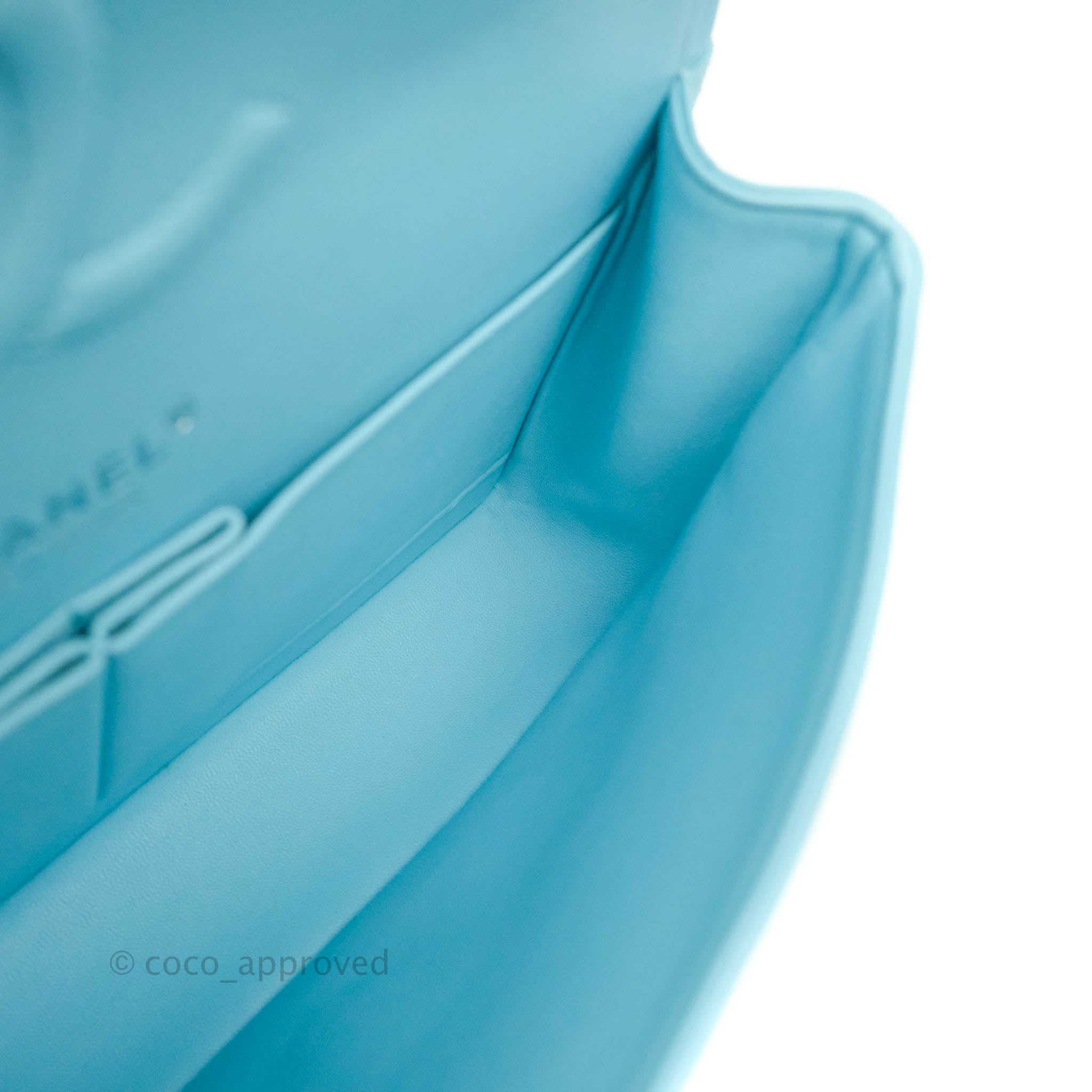 Chanel Classic Medium Double Flap Bag in Tiffany Neon Blue Lambskin with Silver Hardware 21S Collection - Perfect for Evening Events & Luxury Fashion Accessories