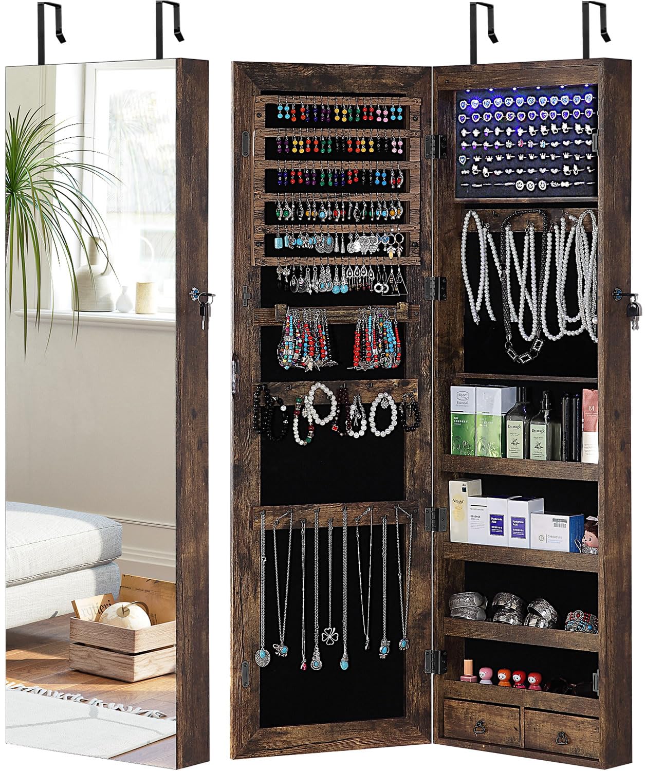 GISSAR Full Length Mirror Jewelry Cabinet with 6 LED Lights - Wall Mounted Over Door Hanging Jewelry Armoire Organizer - Lockable Storage for Necklaces, Rings & Accessories - Vintage Brown (14.6
