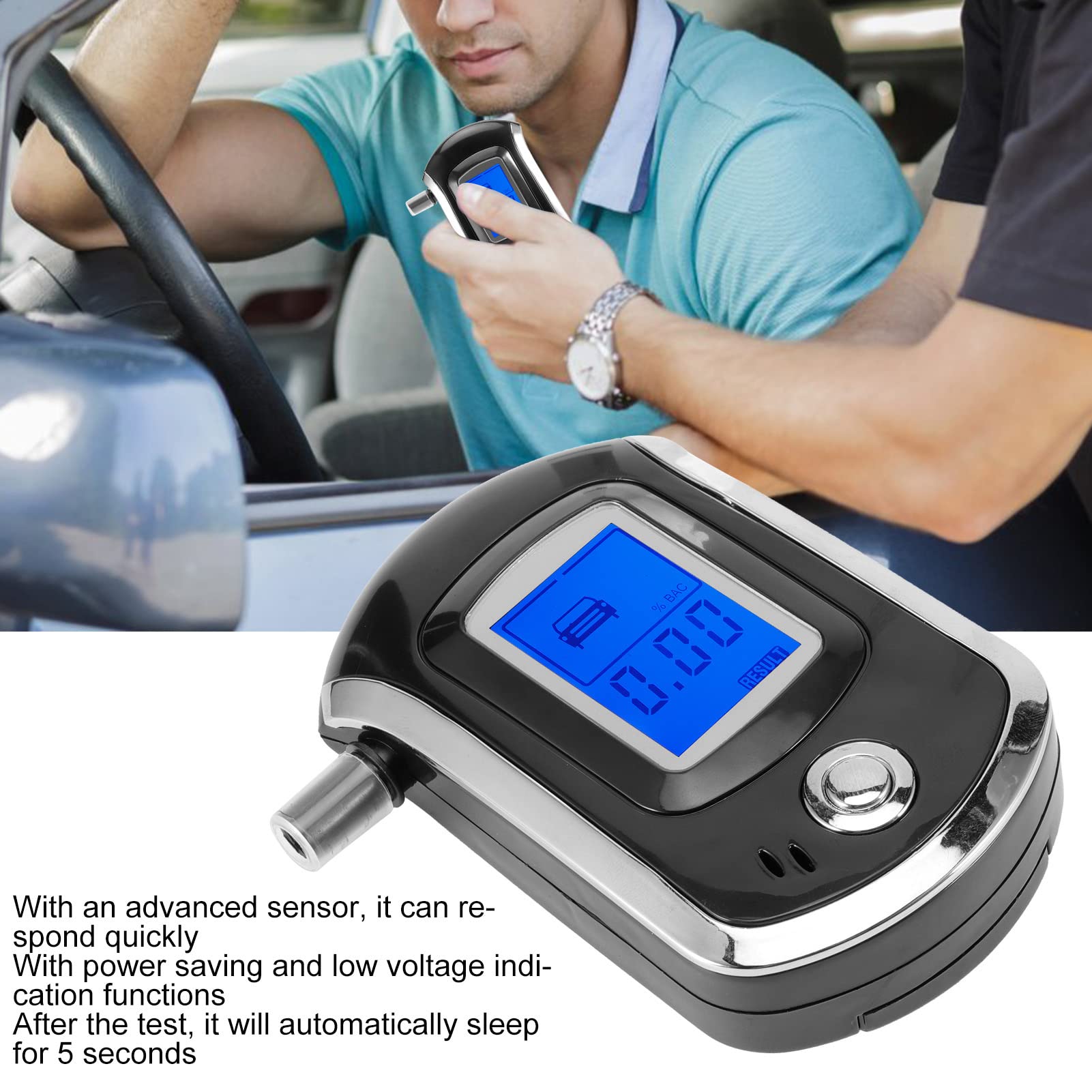 AT6000 Portable Breathalyzer with LCD Digital Display & Warning Function - Accurate Alcohol Tester for Personal, Workplace, and Road Safety Use