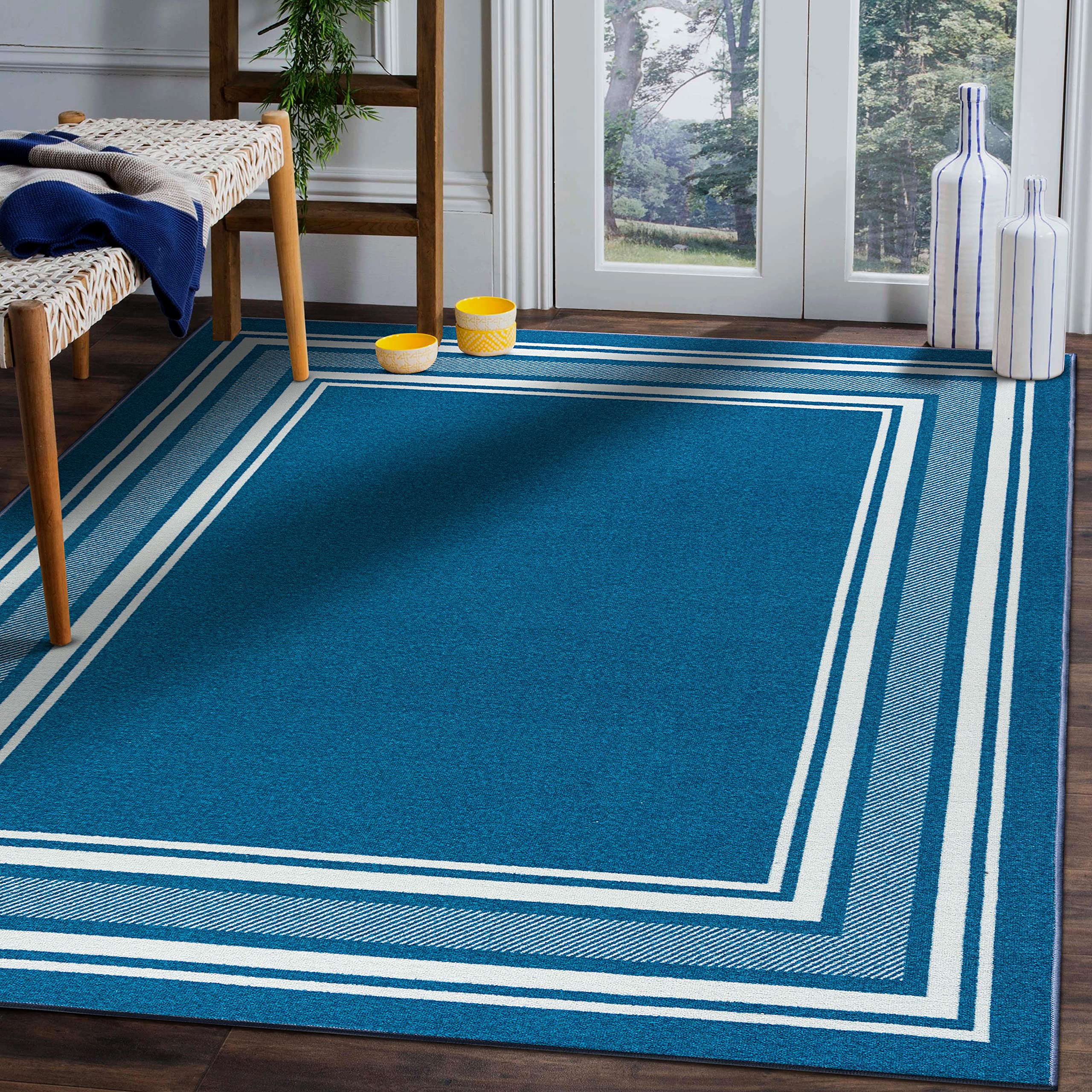 Beverly Rug Modern Bordered 5x7 Area Rug - Non-Slip Rubber Backing for Living Room, Dining Room & Bedroom - Soft Blue Indoor Carpet for Home Decor & Comfort