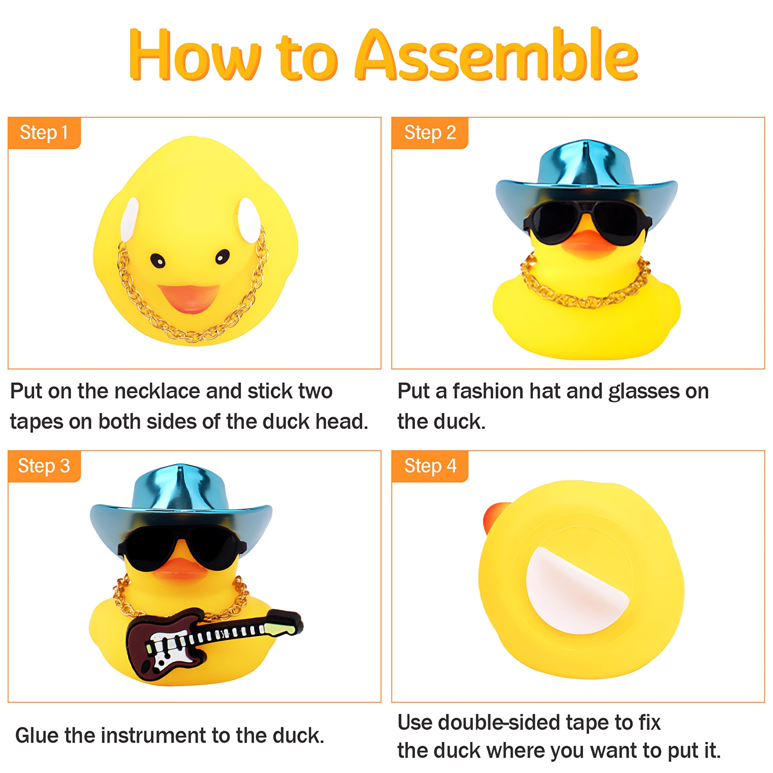 Wonuu Rubber Duck Car Ornaments with Cowboy Hat, Necklace & Sunglasses - Blue Guitar Duck Dashboard Decor for Cool Car Accessories, Perfect for Road Trips & Gift Giving