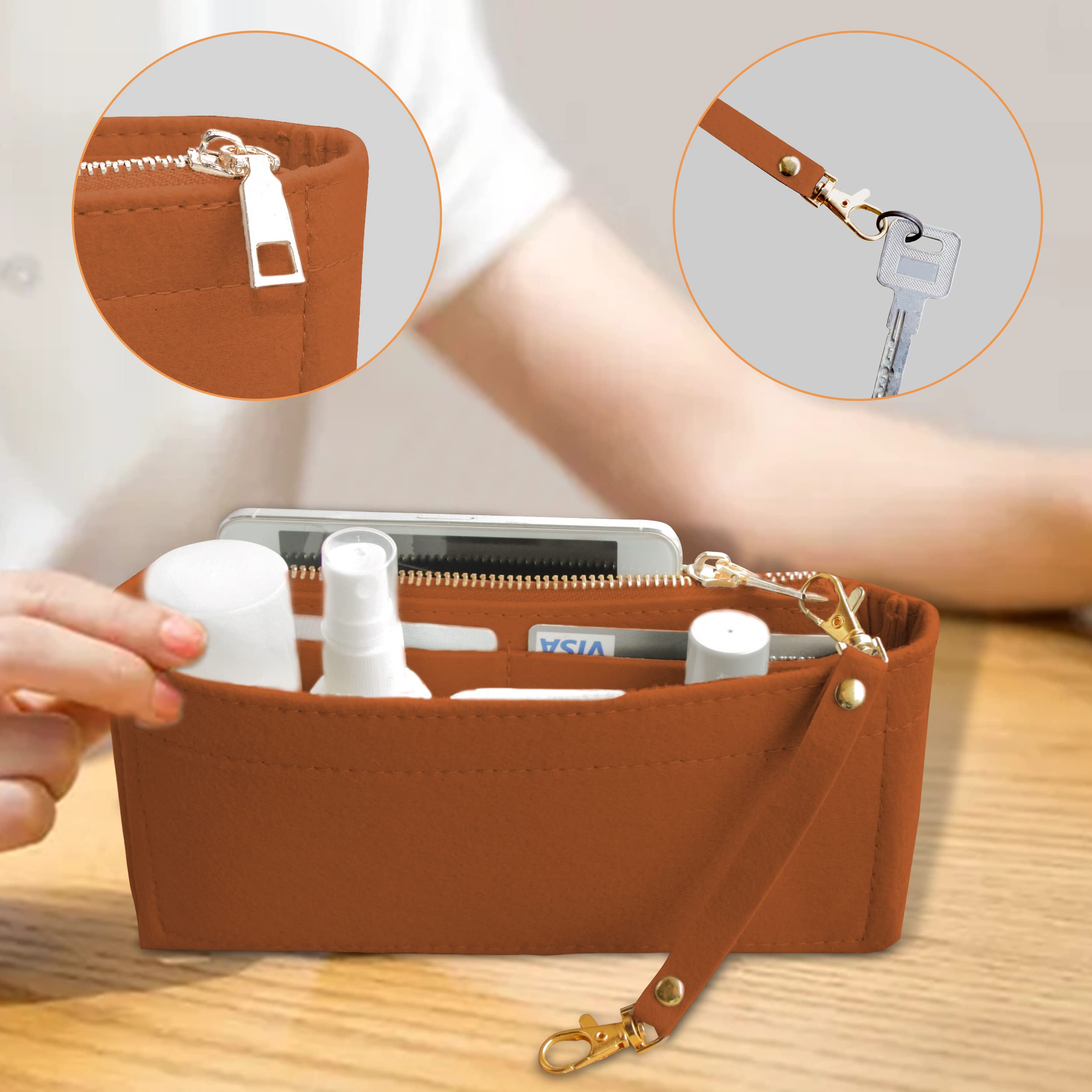 Soyizom Handbag Organizer Insert - 2 Pack Tote Bag Organizer with Zipper Pocket & Keychain - Perfect Fit for Multi Pochette Accessories Bag Series (Brown) | Keep Your Purse Neat & Organized for Work, Travel & Daily Use