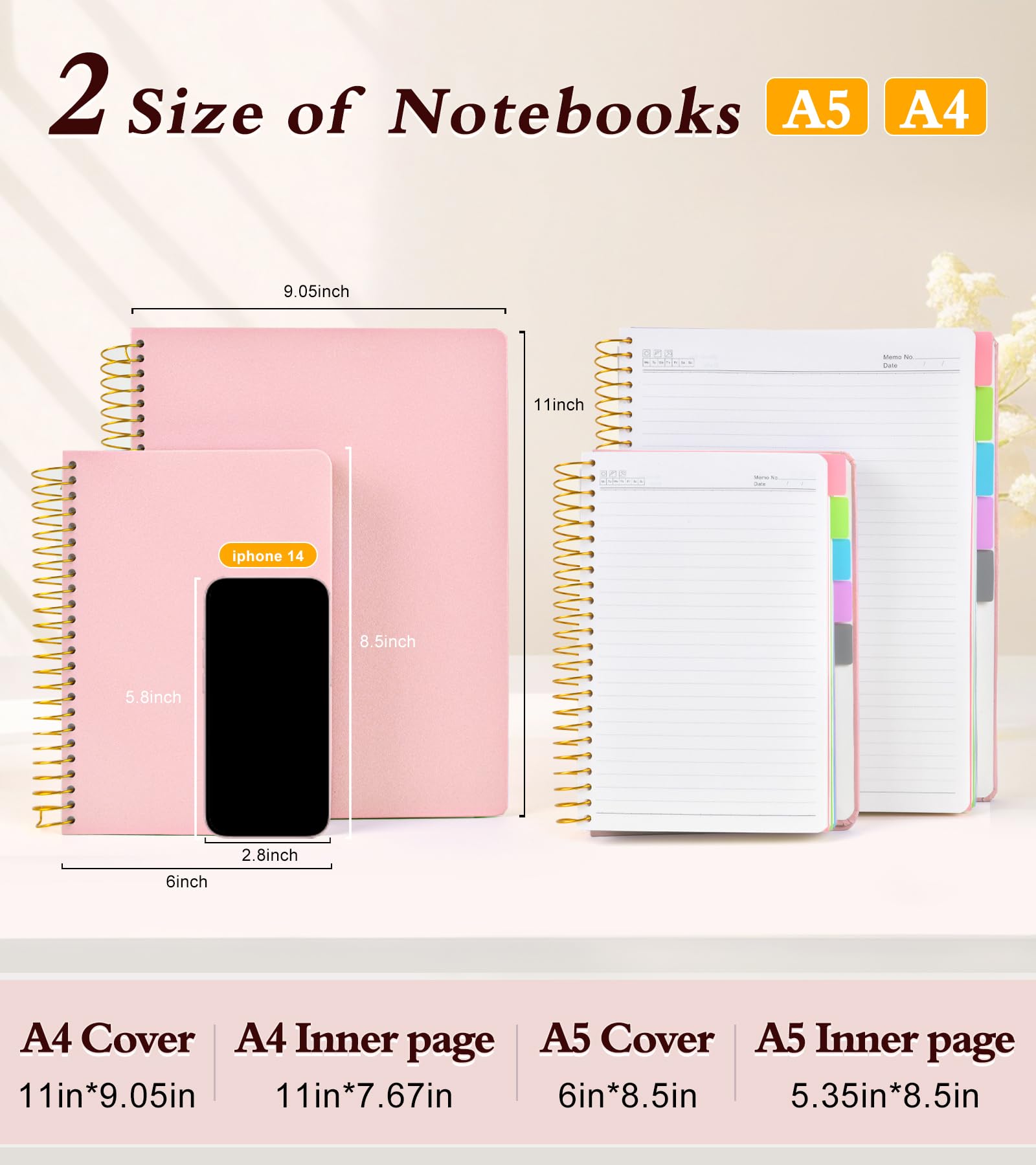 5-Subject Spiral Notebook, College Ruled Hardcover Notebook with Removable Pocket Dividers - 240 Lined Pages, 6x8.5 Inch A5 Size - Perfect for School, Office, Work & Note Taking - Ideal Gift for Students & Professionals (Pink)