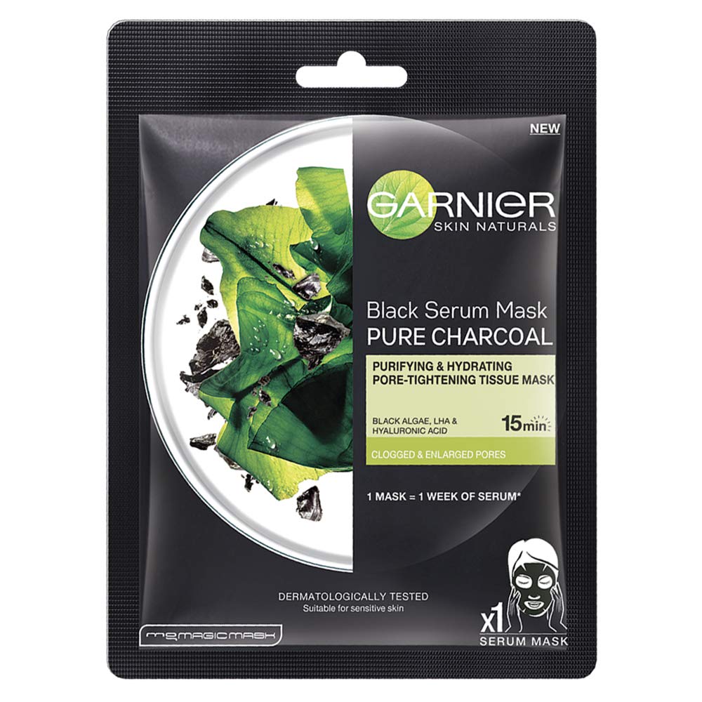 Garnier Skin Naturals Charcoal & Green Tea Face Serum Sheet Mask Set - Detoxifying Black Mask (28g) + Antioxidant Green Mask (32g) for Deep Cleansing & Brightening - Perfect for Spa Night & Self-Care Routine
