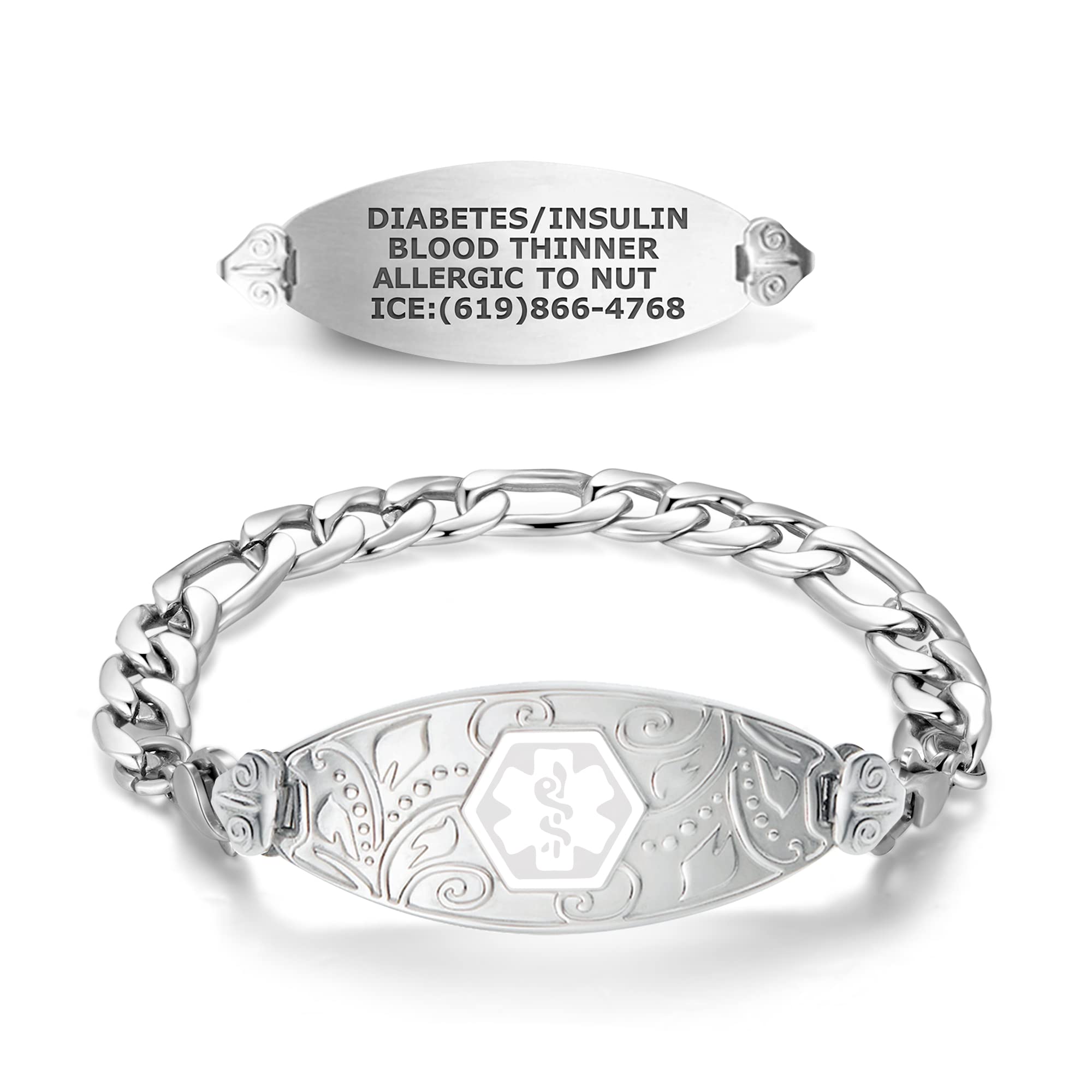 Divoti Custom Engraved Medical Alert Bracelets for Women - Stainless Steel Medical ID Bracelet with Free Engraving - Elegant Filigree Tag & Figaro Chain - Adjustable Sizes & Color Options - Perfect for Diabetes, Allergies & Emergency Medical Identification