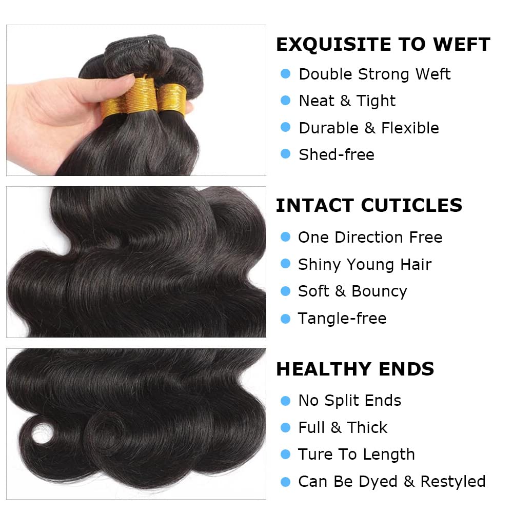 Brazilian Body Wave Human Hair Bundles with 4x4 Lace Closure - 3 Bundles (14 16 18+12 Inches) 100% Unprocessed Virgin Hair for Natural Look - Perfect for Sew-in Weaves, Wig Making & Everyday Styling
