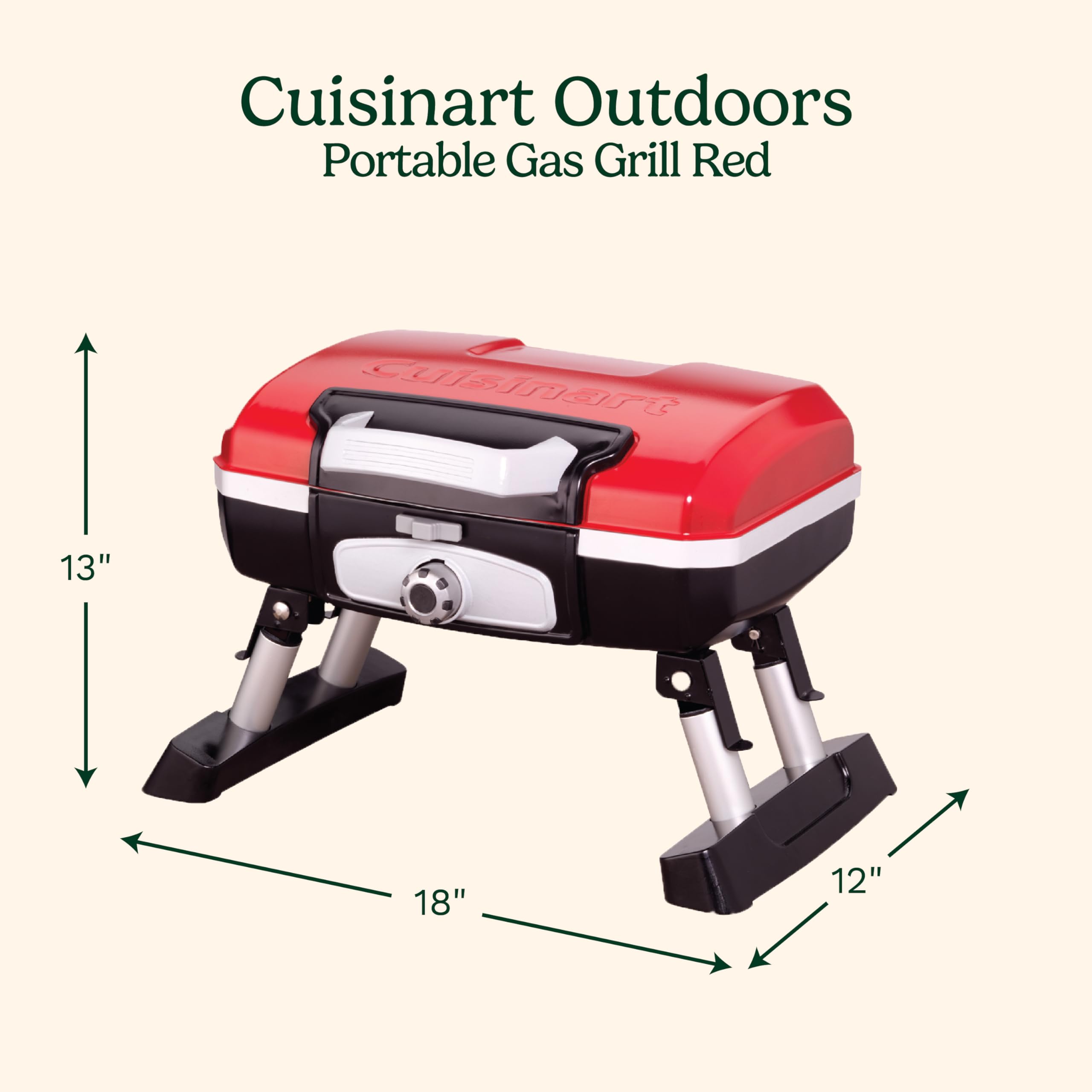 Cuisinart CGG-180T Petit Gourmet Portable Tabletop Propane Gas Grill - Compact 17.6 x 18.6 x 11.8 Inch Outdoor Cooking Grill for Camping, Picnics & Tailgating - Red