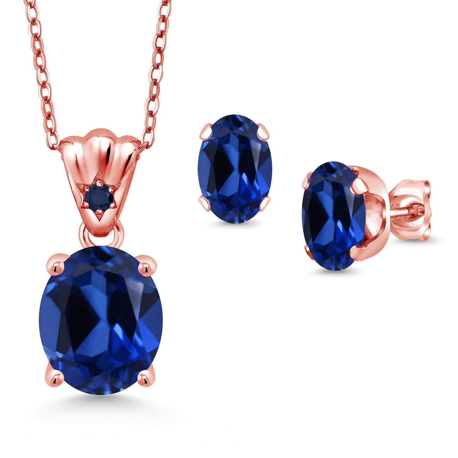 18K Rose Gold Plated Silver Blue Sapphire Jewelry Set for Women - Oval Created Sapphire Pendant & Earrings (8.24 Cttw, 11x9mm & 8x6mm Gemstones, 18