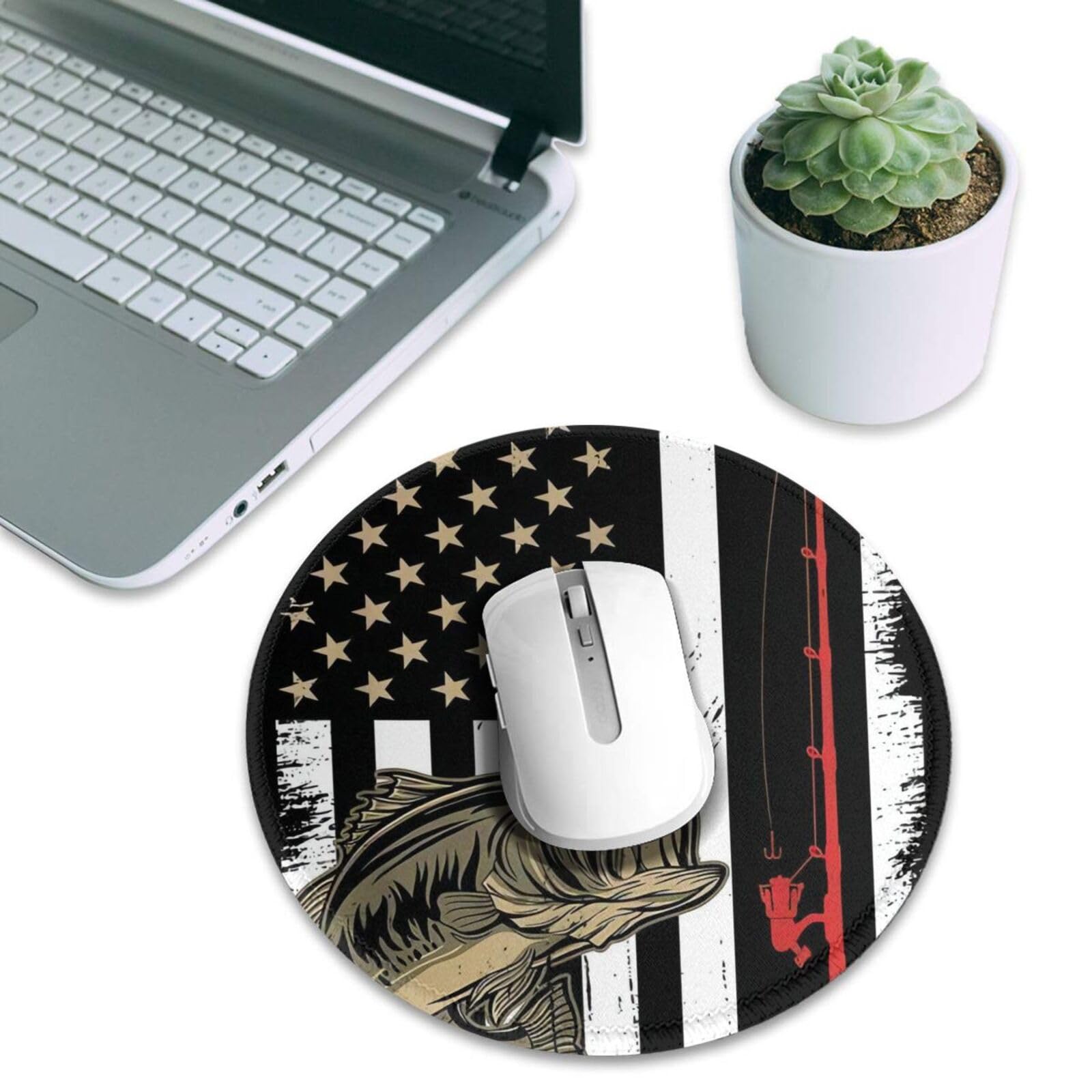 Grunge Largemouth Bass Fishing American Flag Round Mouse Pad - 8 Inch Non-Slip Rubber Base Mouse Mat with Personalized Design - Perfect for Gamers, Office & Home Computer Workstations