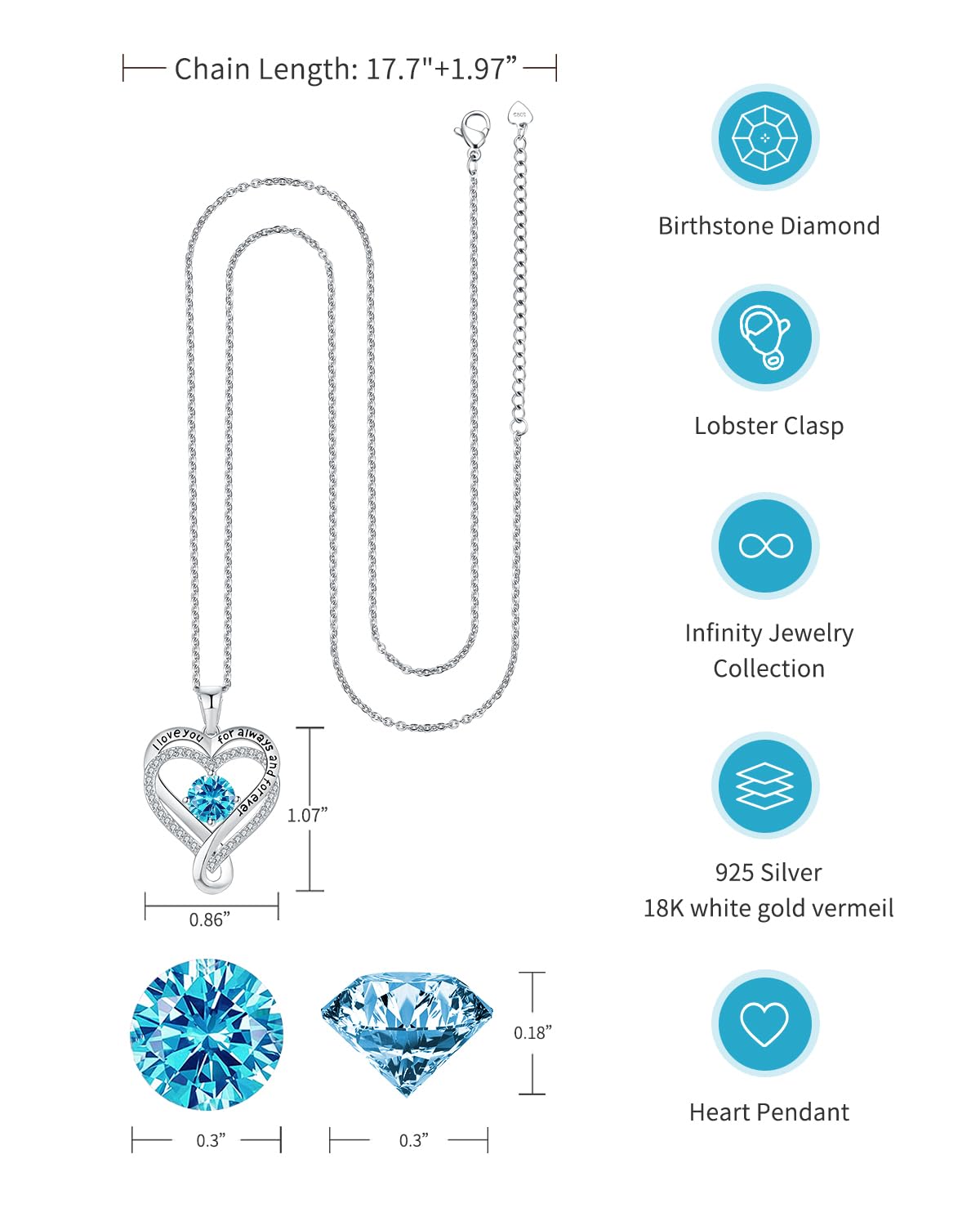 Infinity Heart Birthstone Necklace for Women - S925 Sterling Silver I Love You Jewelry, Anniversary & Birthday Gift for Wife, Girlfriend, Mom, Daughter | Perfect for Valentine's Day, Mother's Day & Romantic Occasions