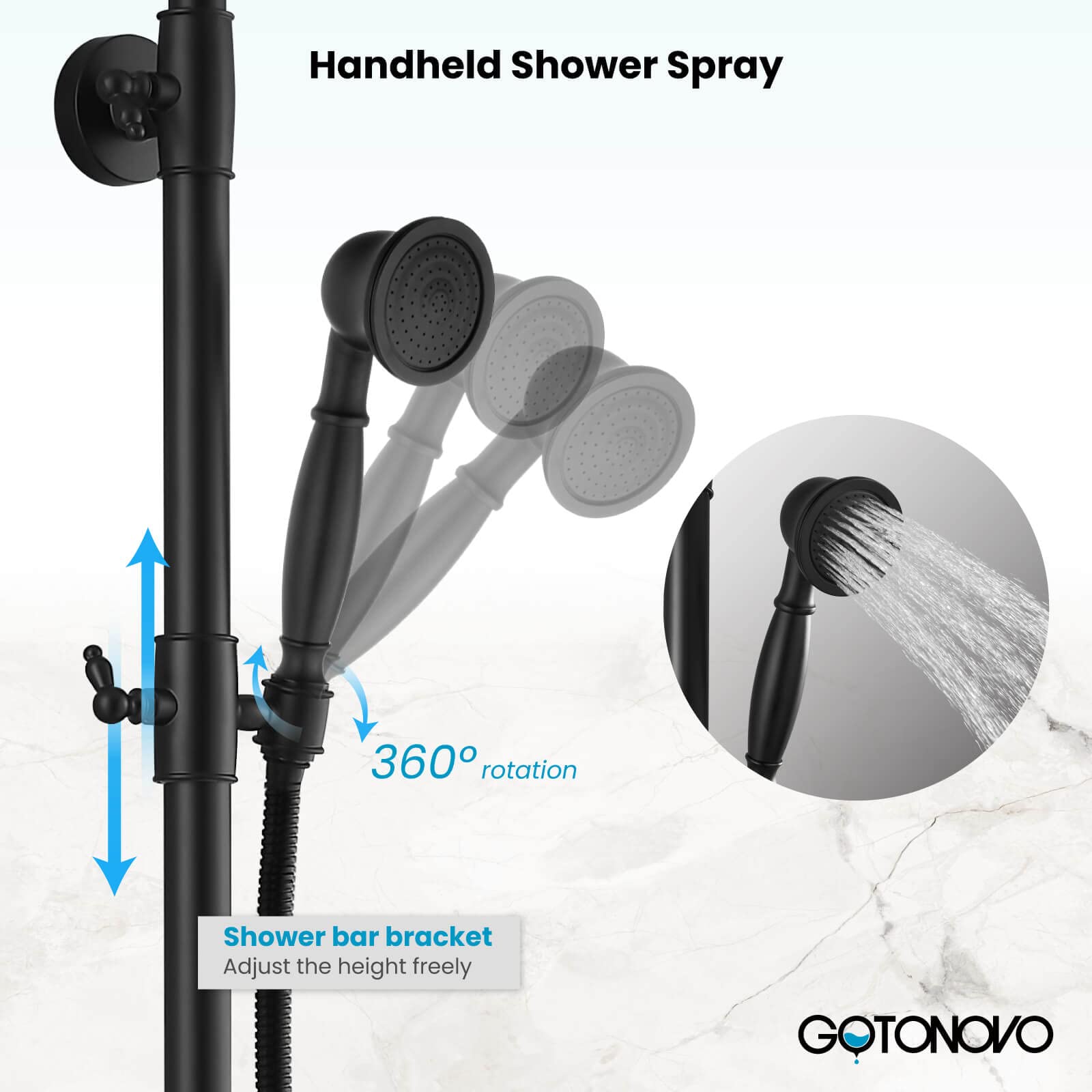 Gotonovo Matte Black 8-Inch Rain Shower Head System - Wall Mounted Bathroom Faucet with Adjustable Handheld Sprayer, Double Lever Handles & Tub Spout - Triple Function Shower for Luxurious Spa-Like Experience at Home